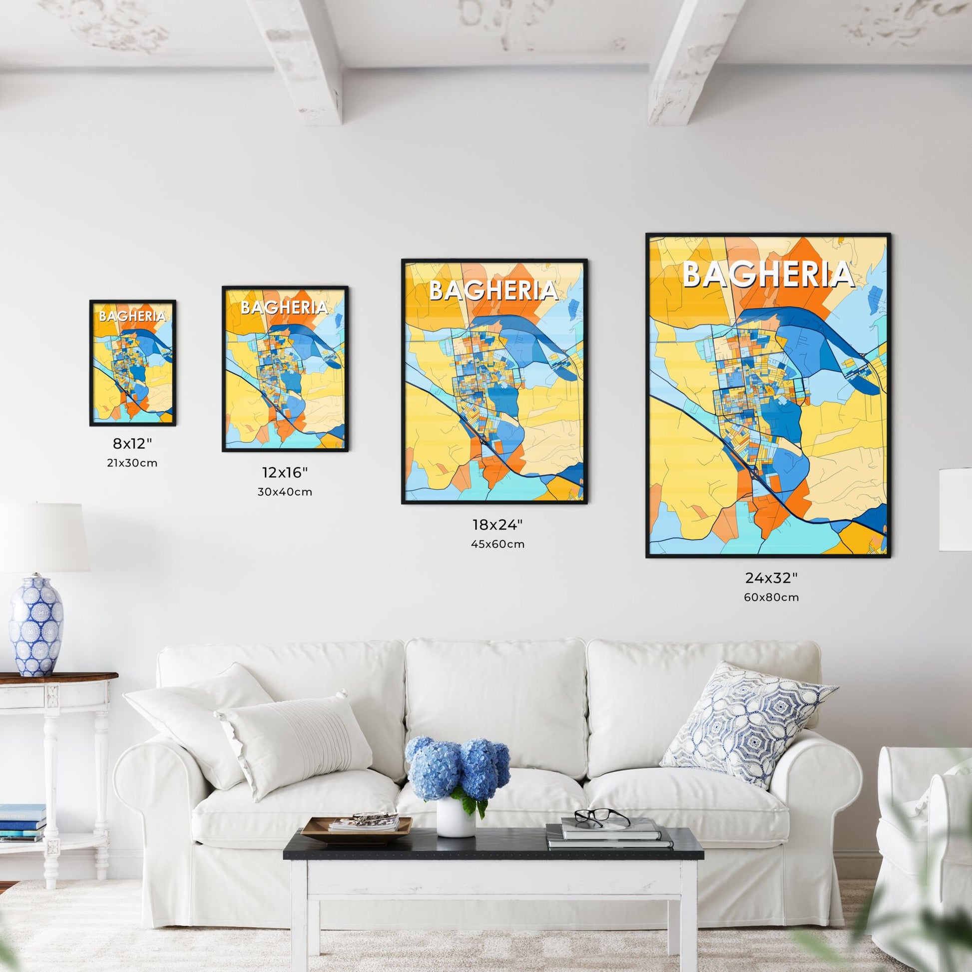 BAGHERIA ITALY Vibrant Colorful Art Map Poster Blue Orange