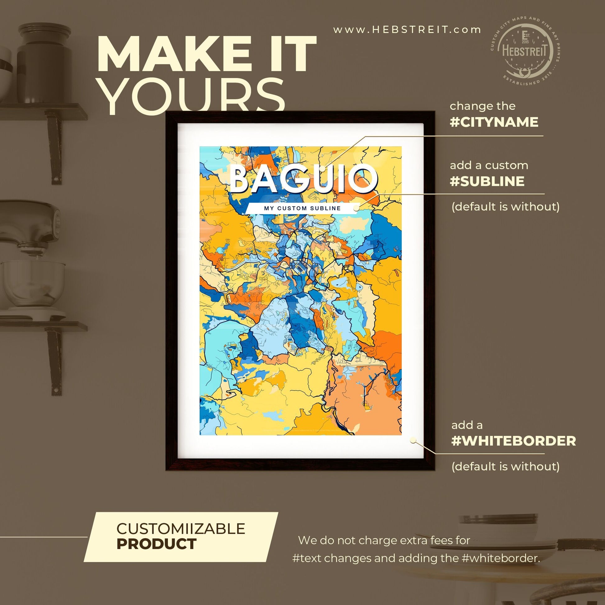 BAGUIO PHILIPPINES Vibrant Colorful Art Map Poster Blue Orange