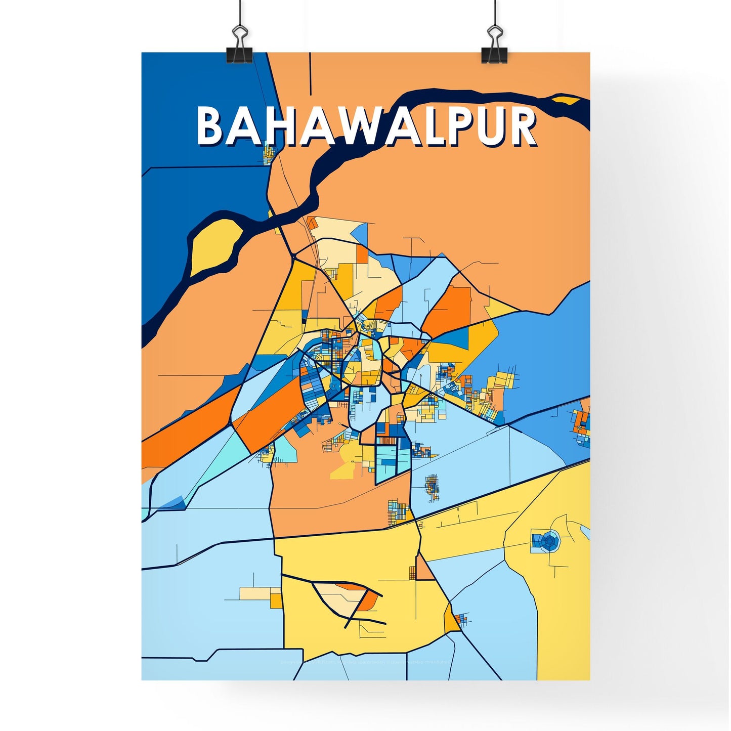 BAHAWALPUR PAKISTAN Vibrant Colorful Art Map Poster Blue Orange