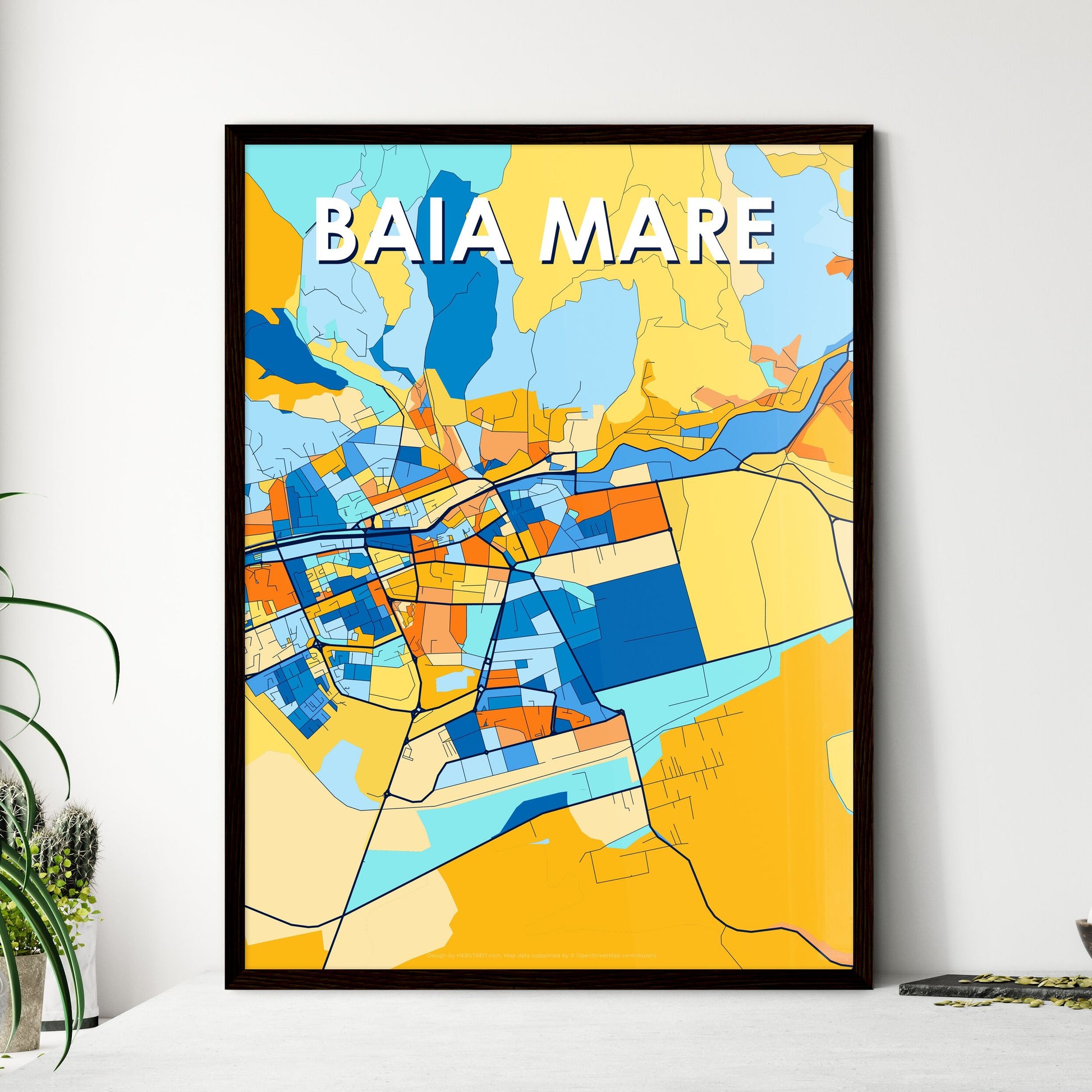 BAIA MARE ROMANIA Vibrant Colorful Art Map Poster Blue Orange