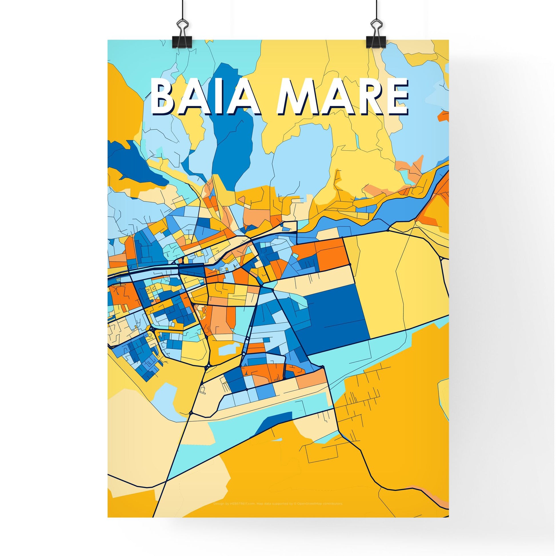 BAIA MARE ROMANIA Vibrant Colorful Art Map Poster Blue Orange