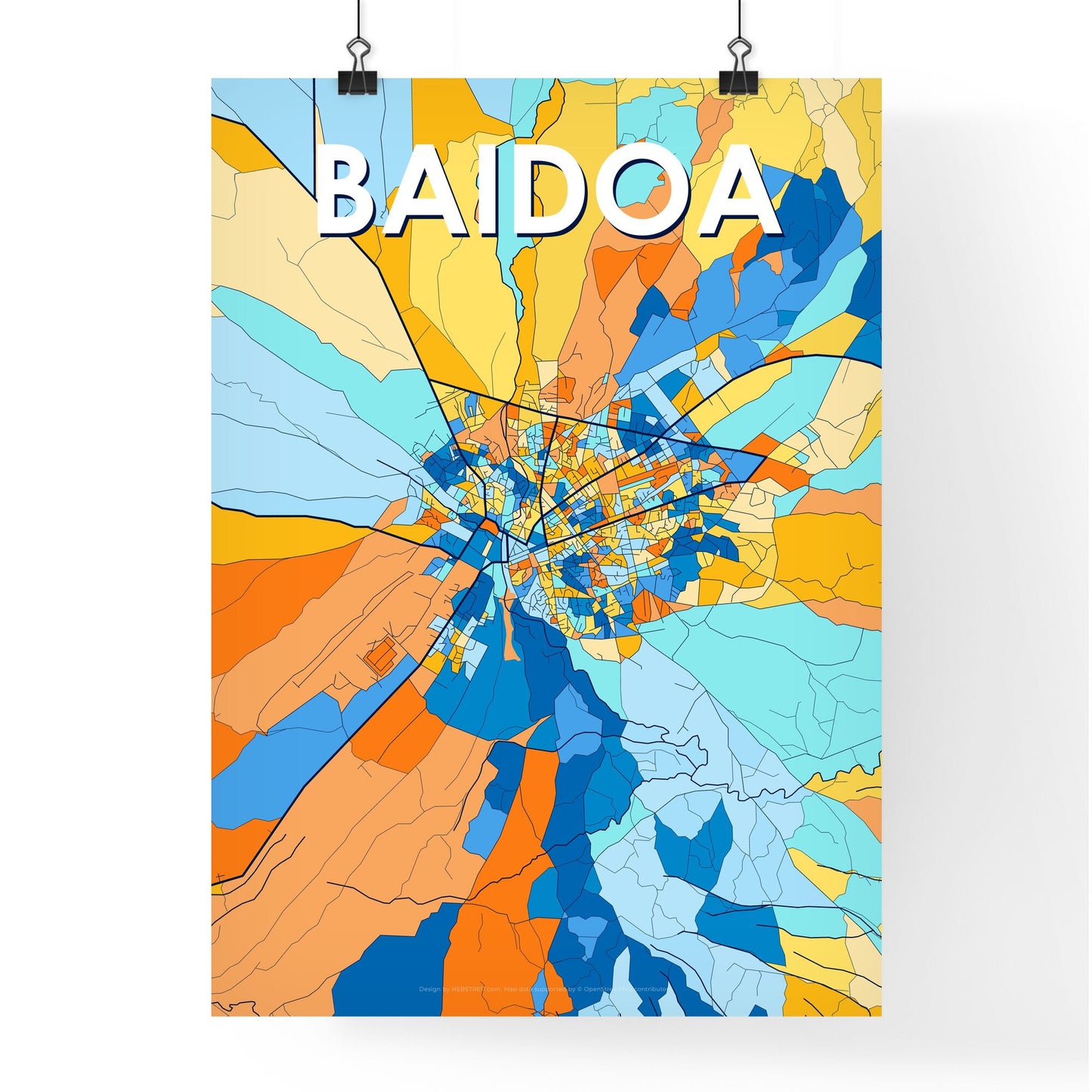 BAIDOA SOMALIA Vibrant Colorful Art Map Poster Blue Orange