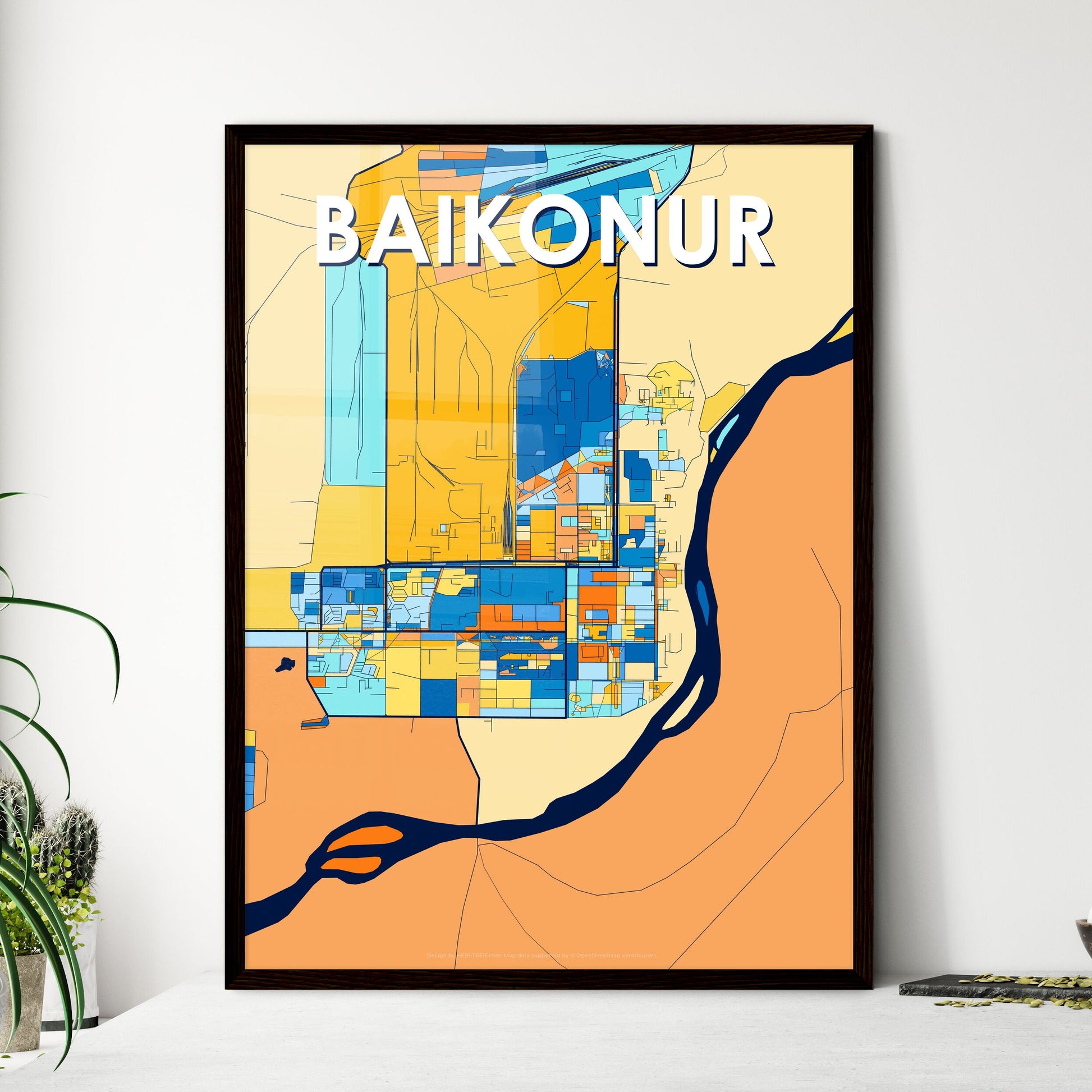 BAIKONUR KAZAKHSTAN Vibrant Colorful Art Map Poster Blue Orange