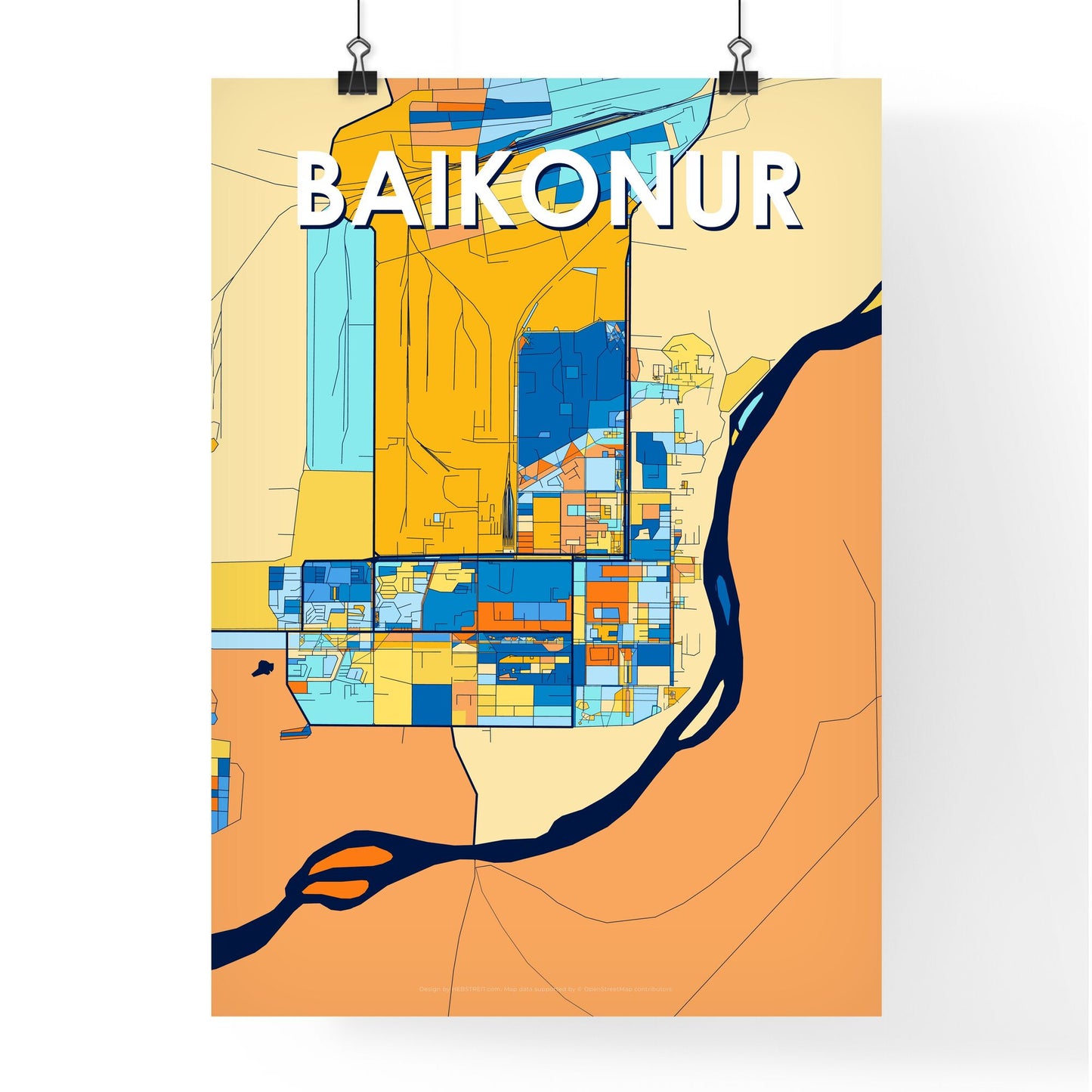 BAIKONUR KAZAKHSTAN Vibrant Colorful Art Map Poster Blue Orange