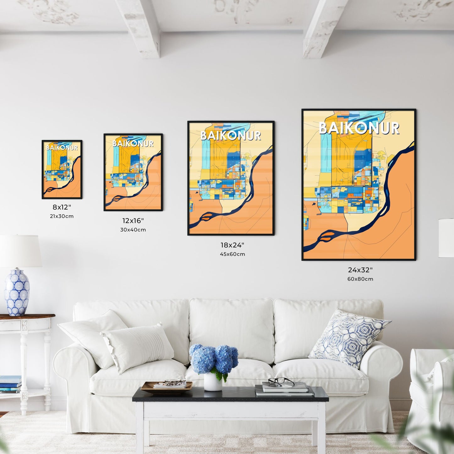 BAIKONUR KAZAKHSTAN Vibrant Colorful Art Map Poster Blue Orange