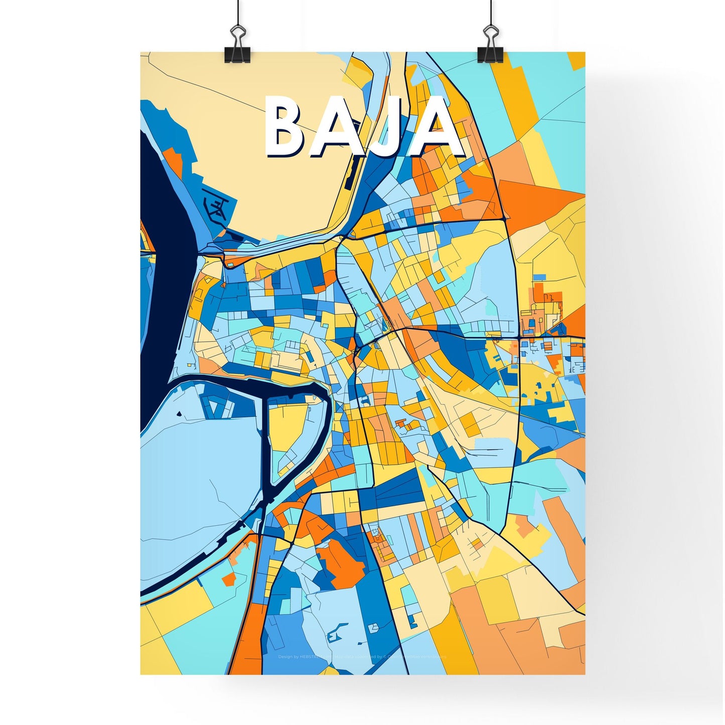 BAJA HUNGARY Vibrant Colorful Art Map Poster Blue Orange