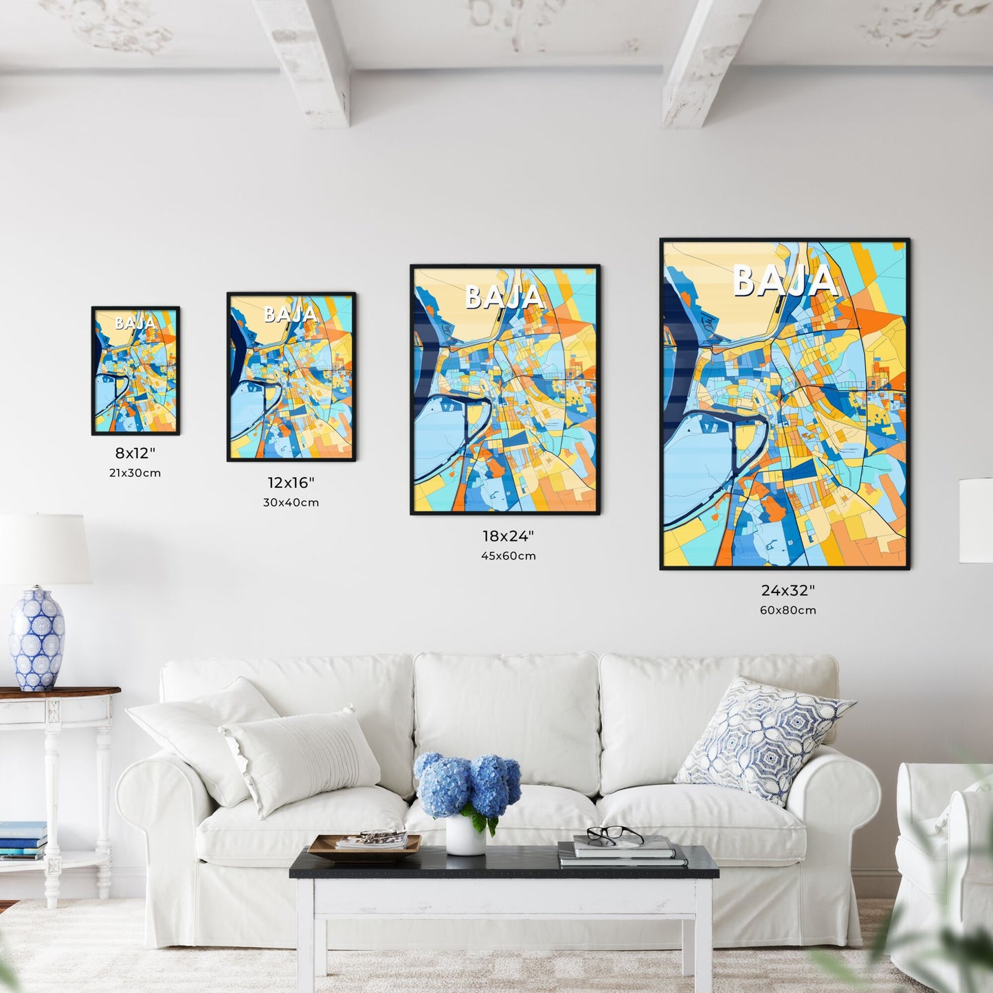 BAJA HUNGARY Vibrant Colorful Art Map Poster Blue Orange