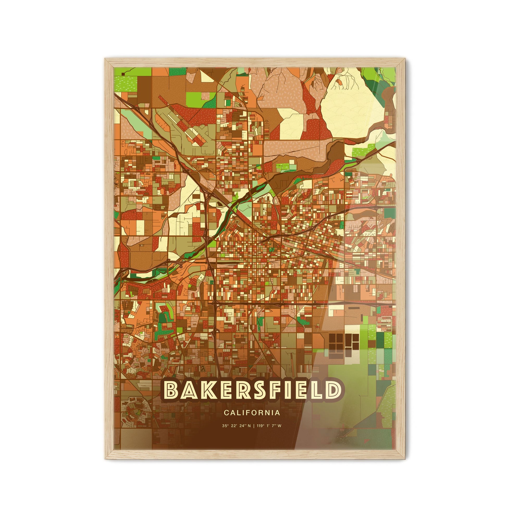 Colorful Bakersfield California Fine Art Map Farmhouse