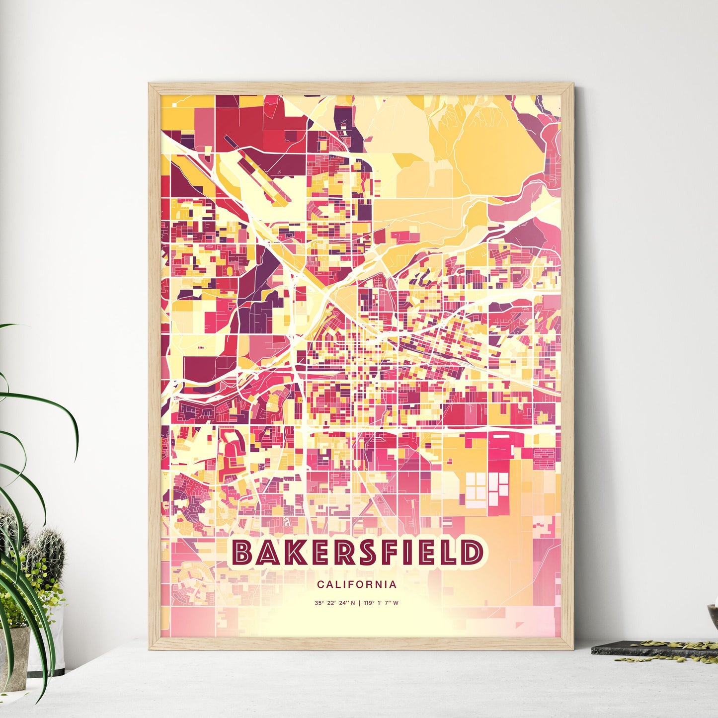 Colorful Bakersfield California Fine Art Map Hot Red