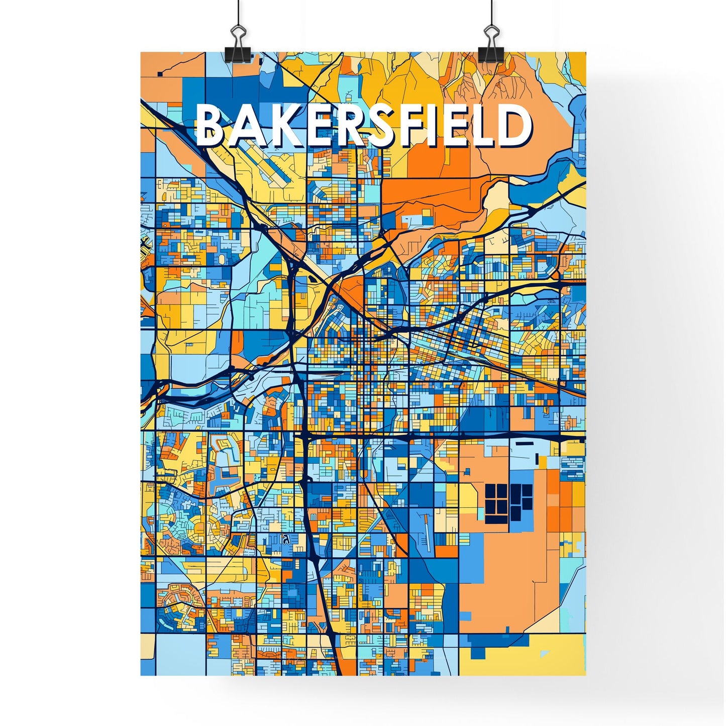 BAKERSFIELD CALIFORNIA Vibrant Colorful Art Map Poster Blue Orange