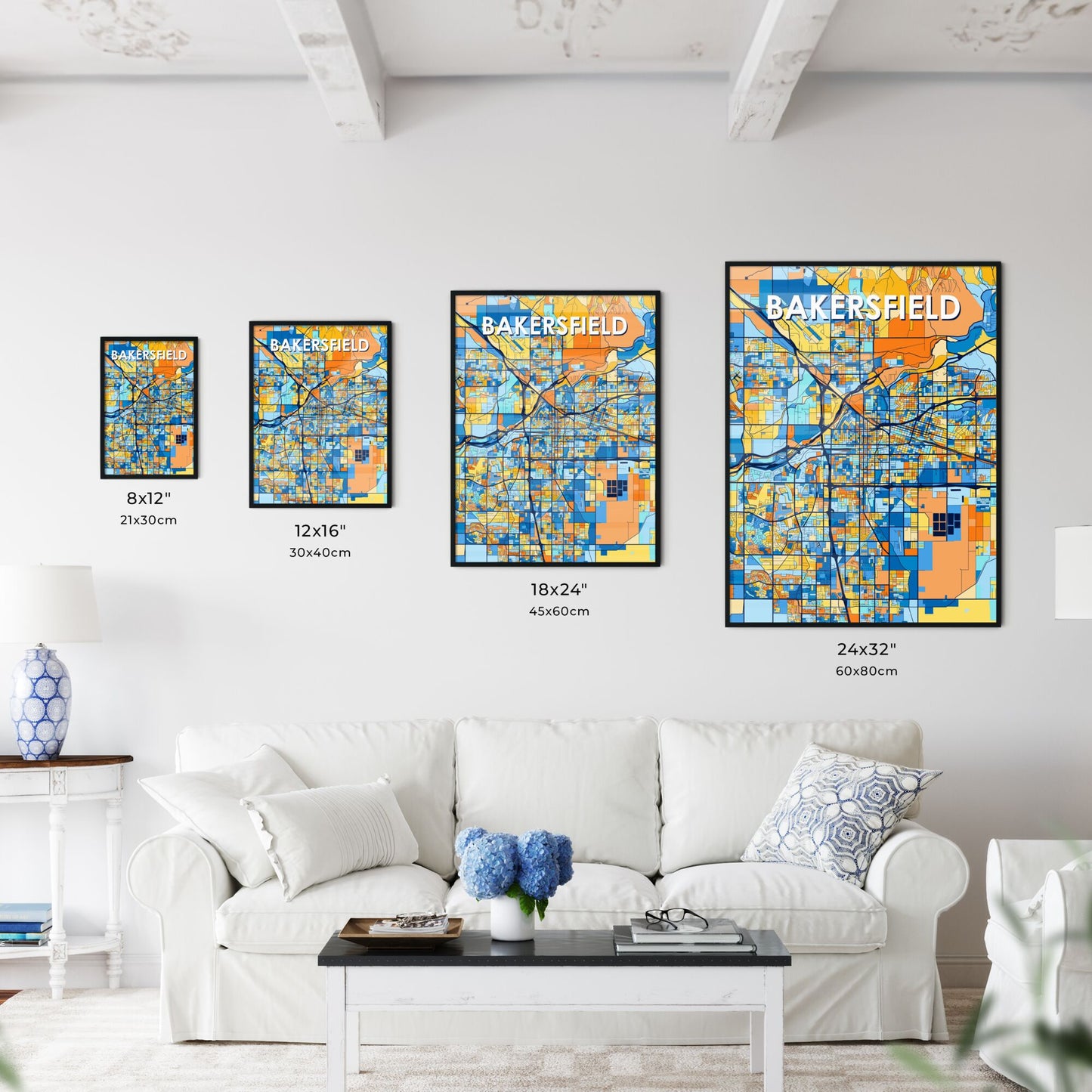 BAKERSFIELD CALIFORNIA Vibrant Colorful Art Map Poster Blue Orange