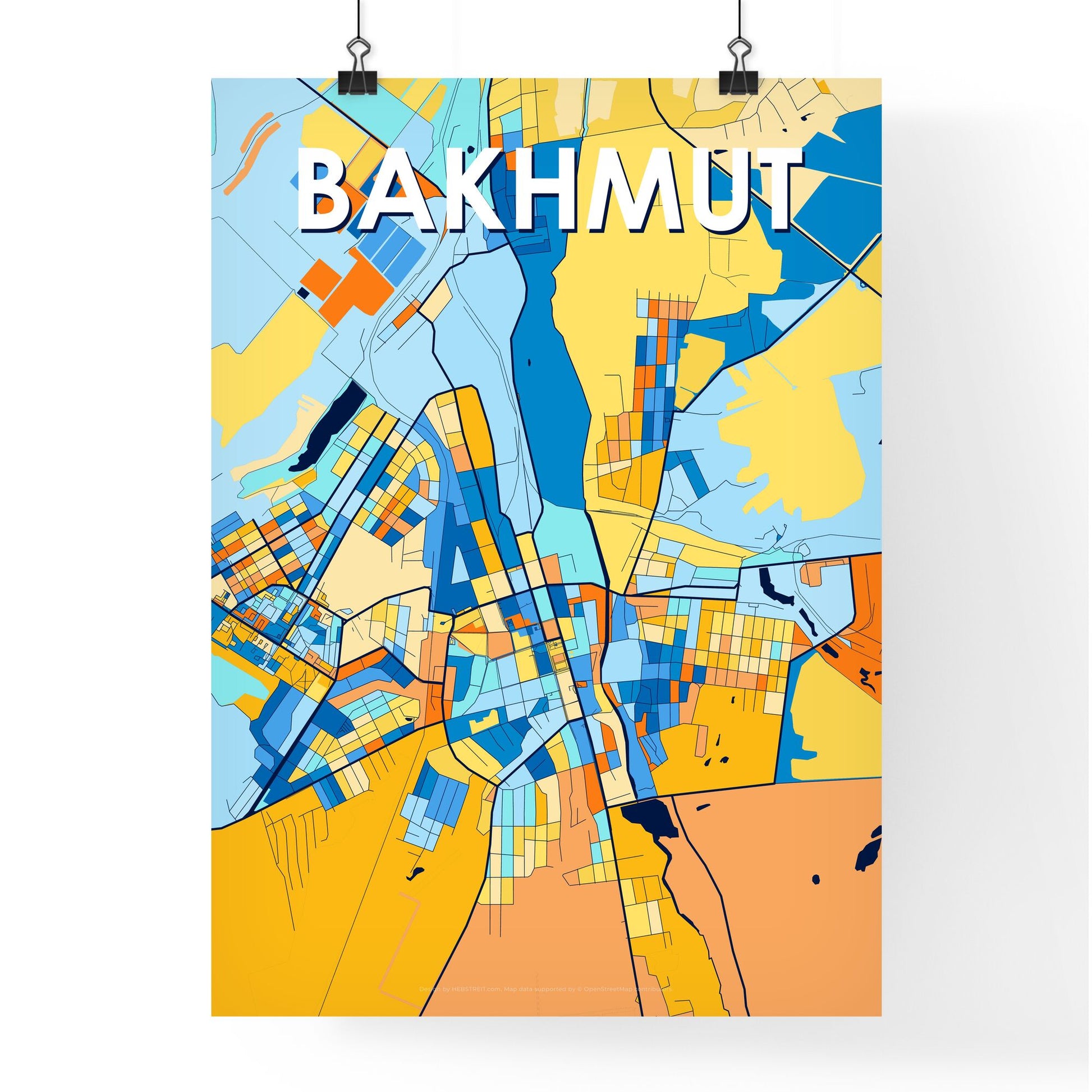 BAKHMUT UKRAINE Vibrant Colorful Art Map Poster Blue Orange