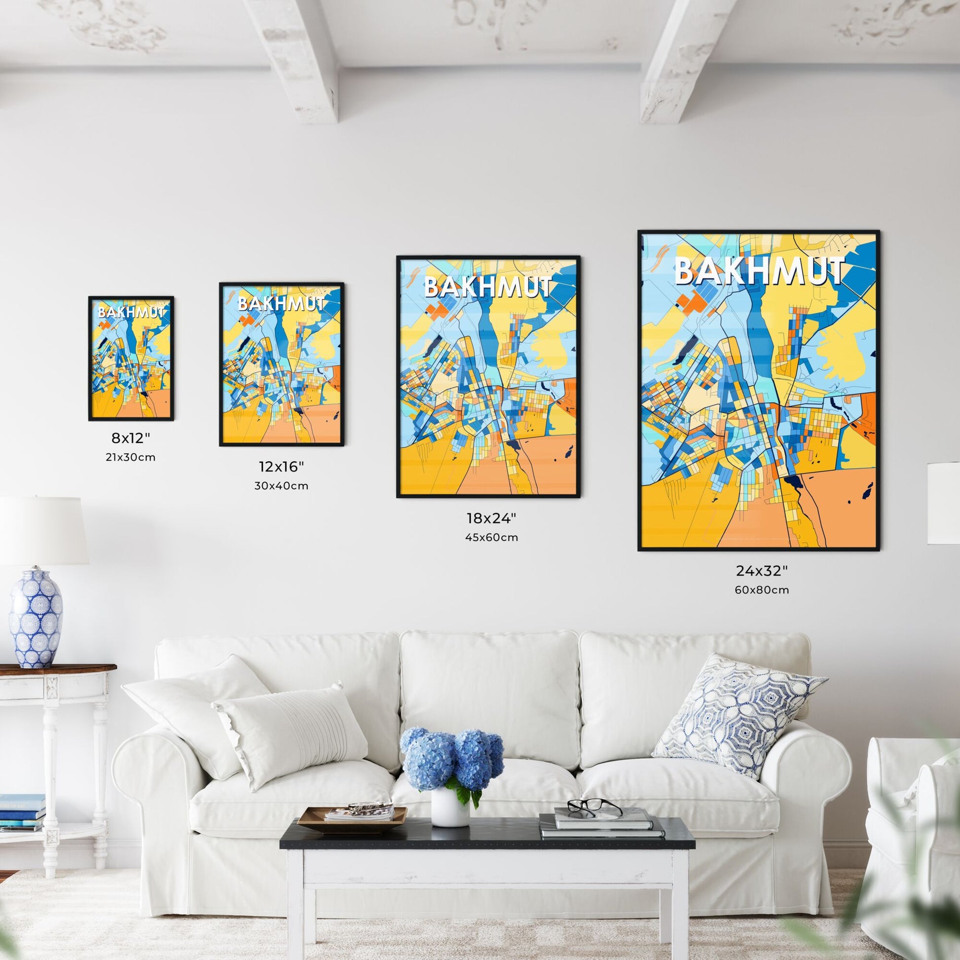 BAKHMUT UKRAINE Vibrant Colorful Art Map Poster Blue Orange