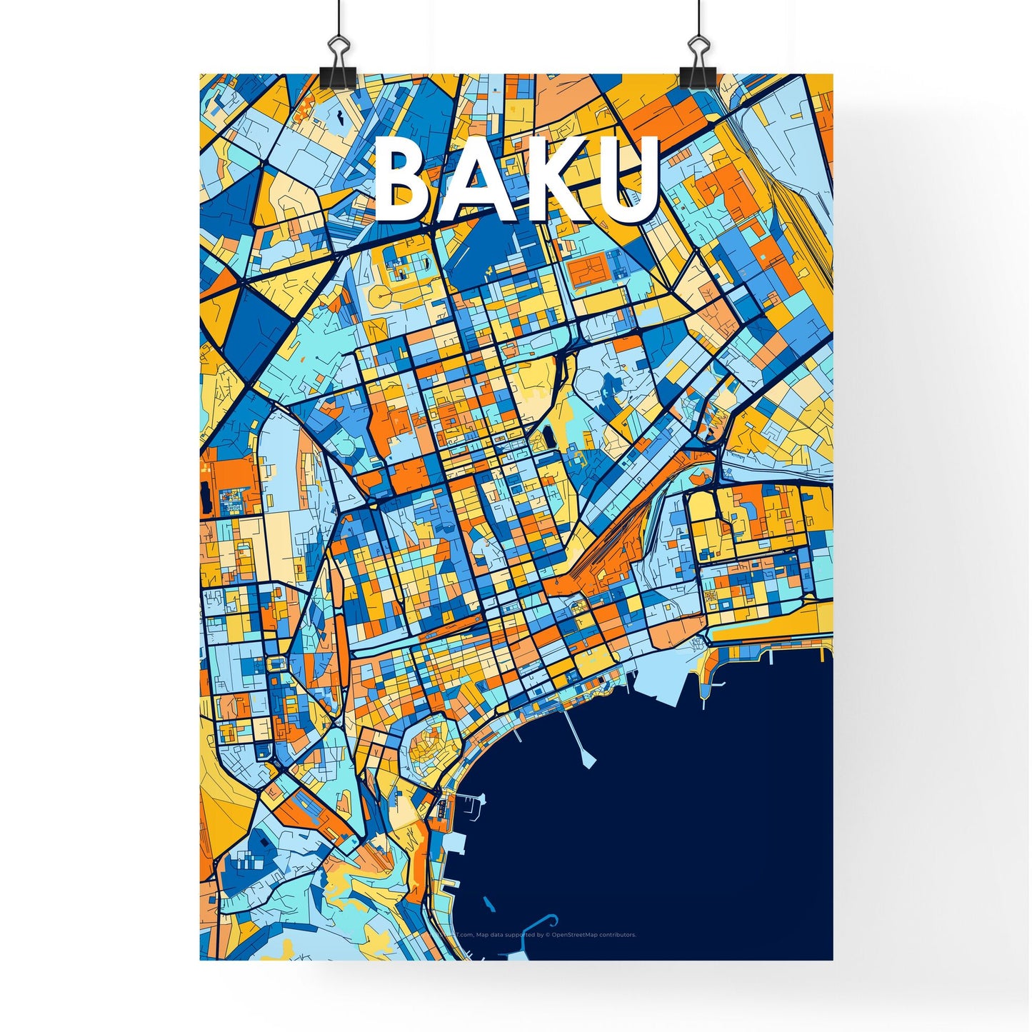 BAKU AZERBAIJAN Vibrant Colorful Art Map Poster Blue Orange