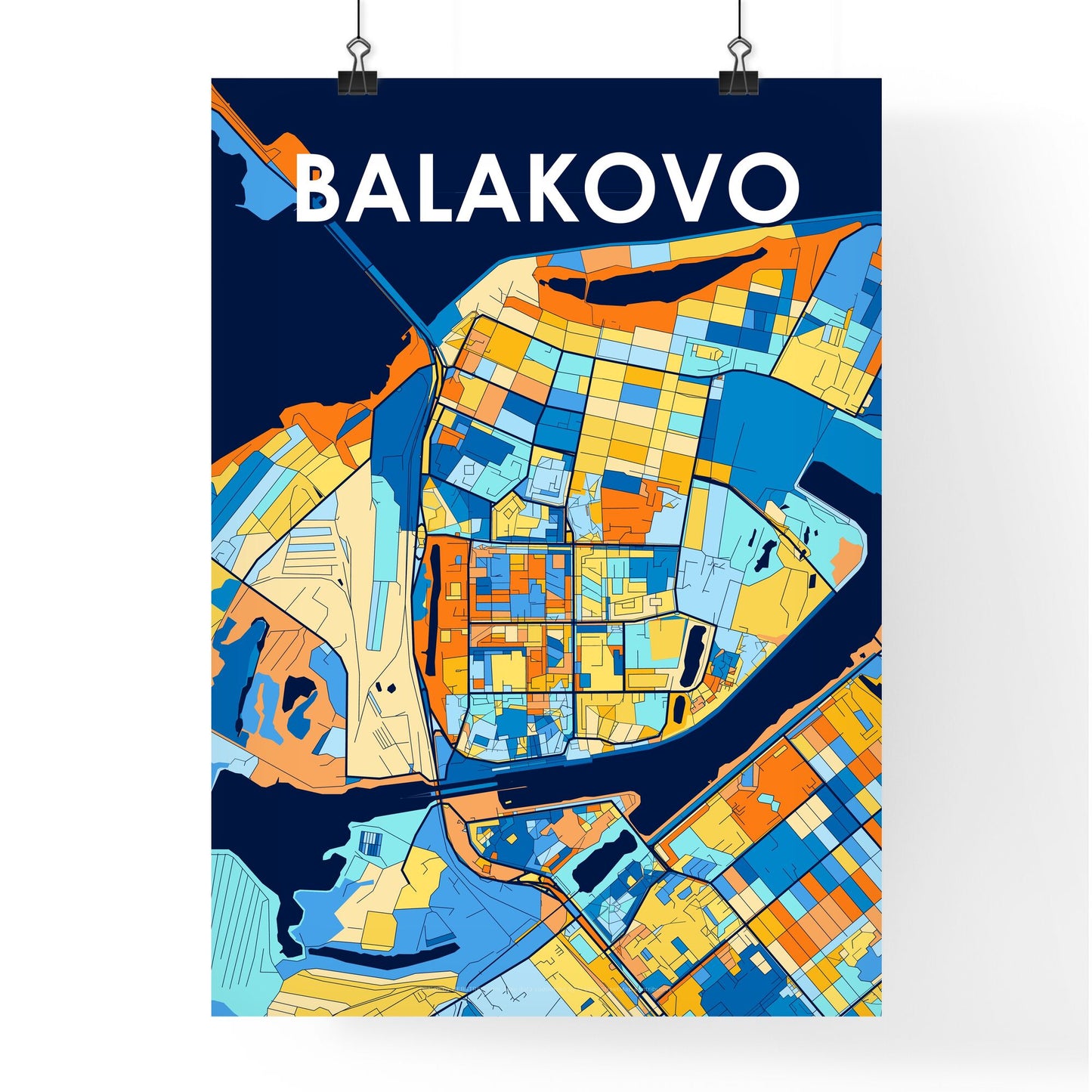 BALAKOVO RUSSIA Vibrant Colorful Art Map Poster Blue Orange