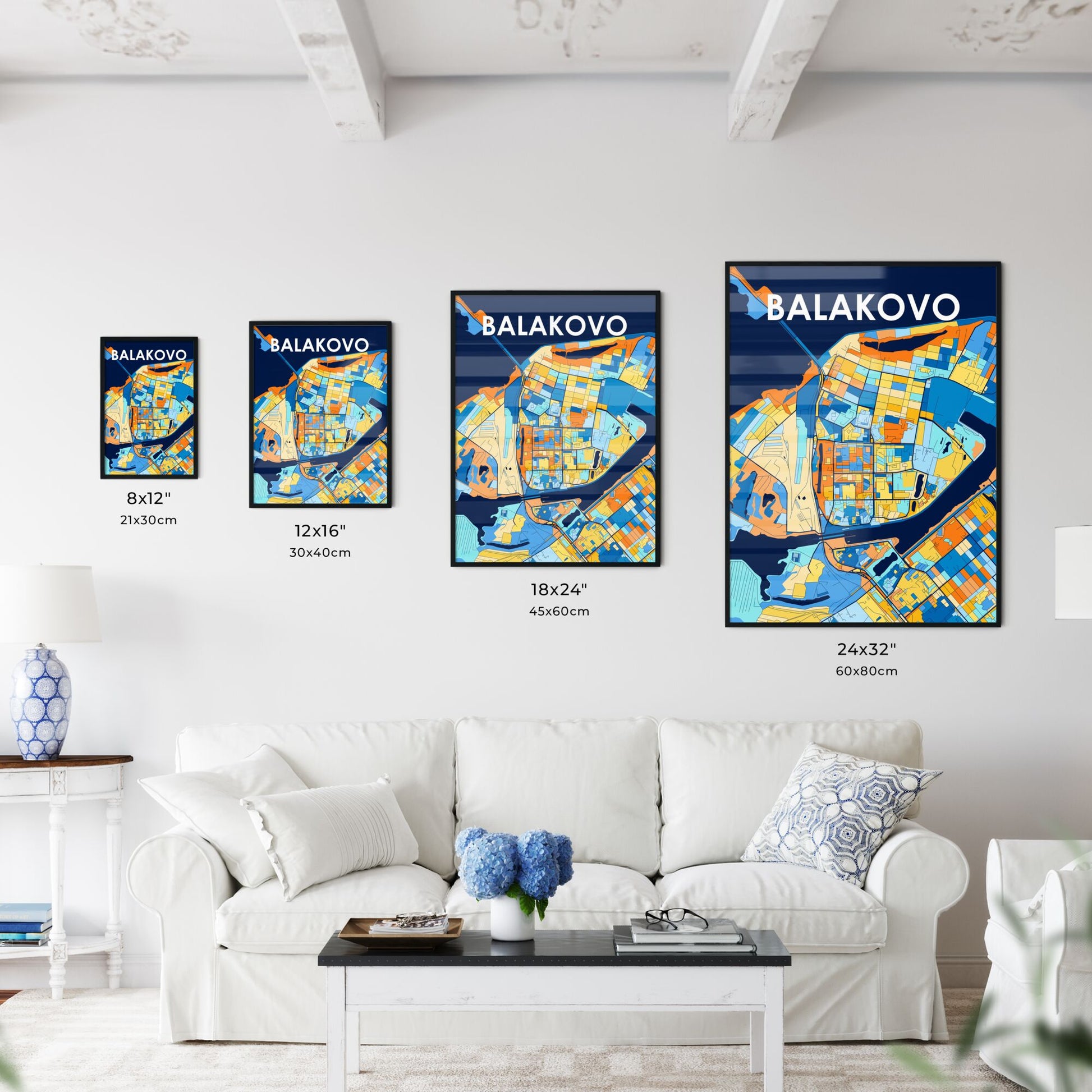 BALAKOVO RUSSIA Vibrant Colorful Art Map Poster Blue Orange