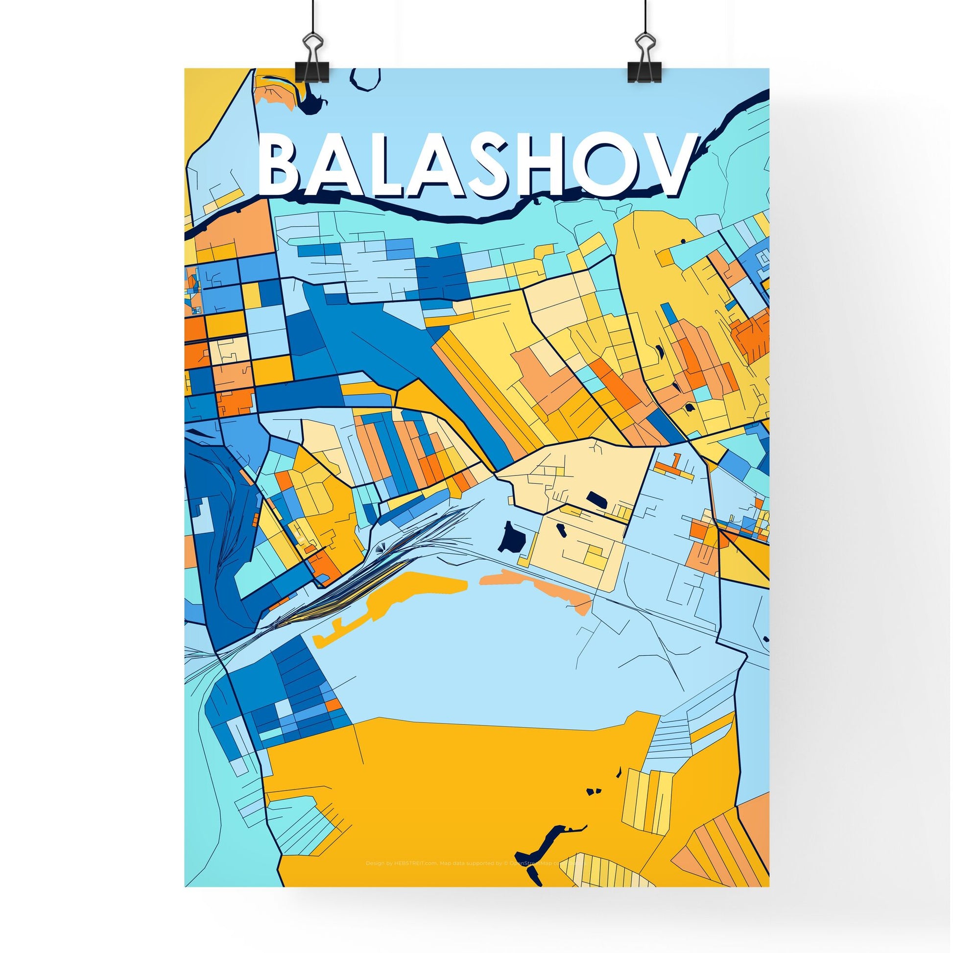 BALASHOV RUSSIA Vibrant Colorful Art Map Poster Blue Orange