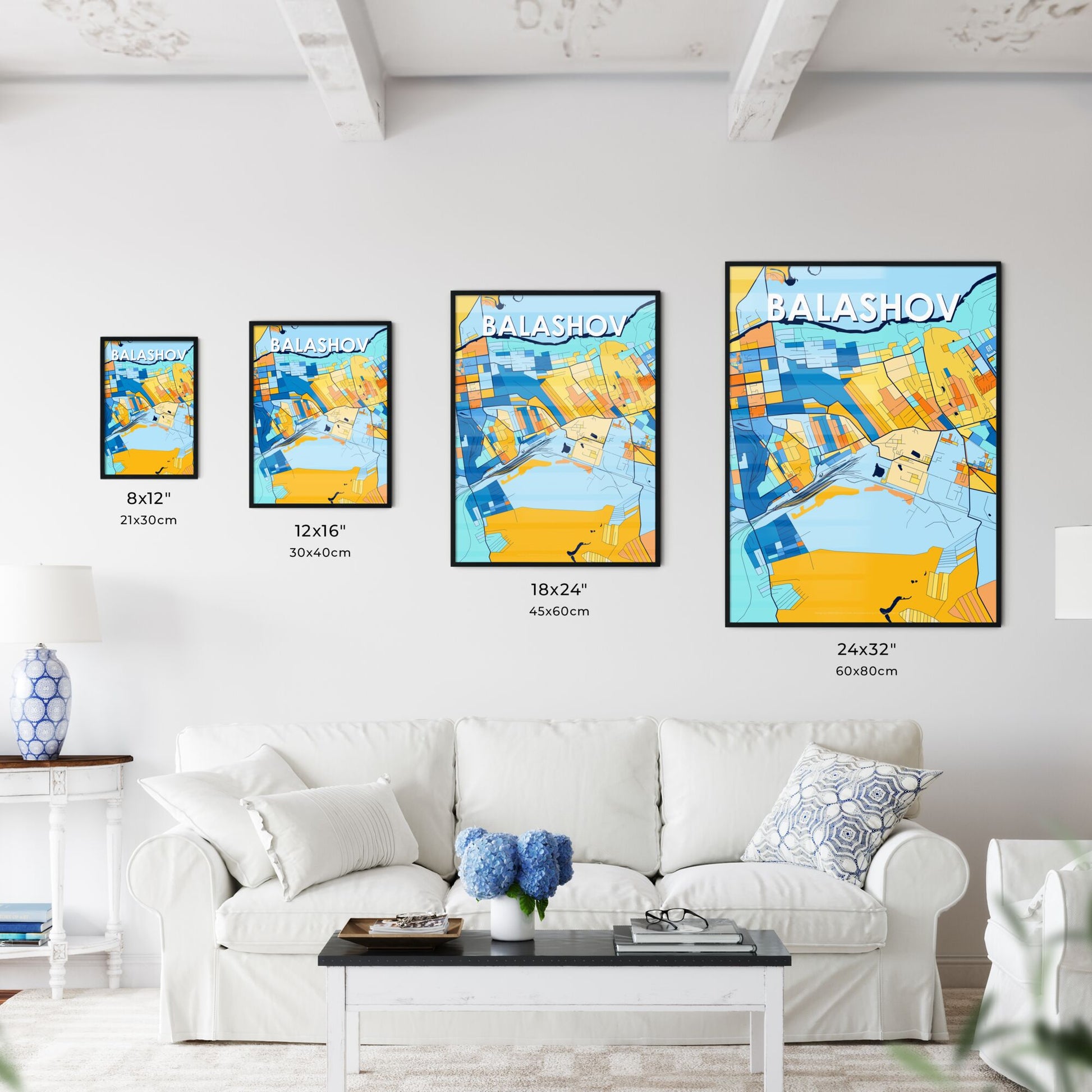 BALASHOV RUSSIA Vibrant Colorful Art Map Poster Blue Orange