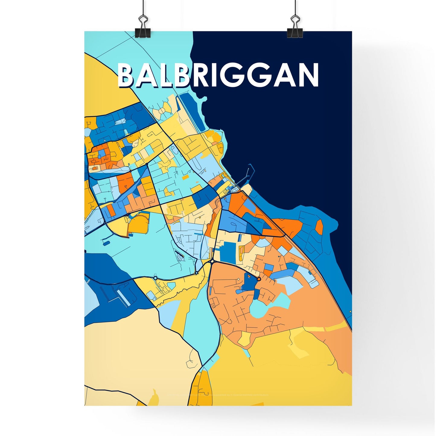 BALBRIGGAN IRELAND Vibrant Colorful Art Map Poster Blue Orange