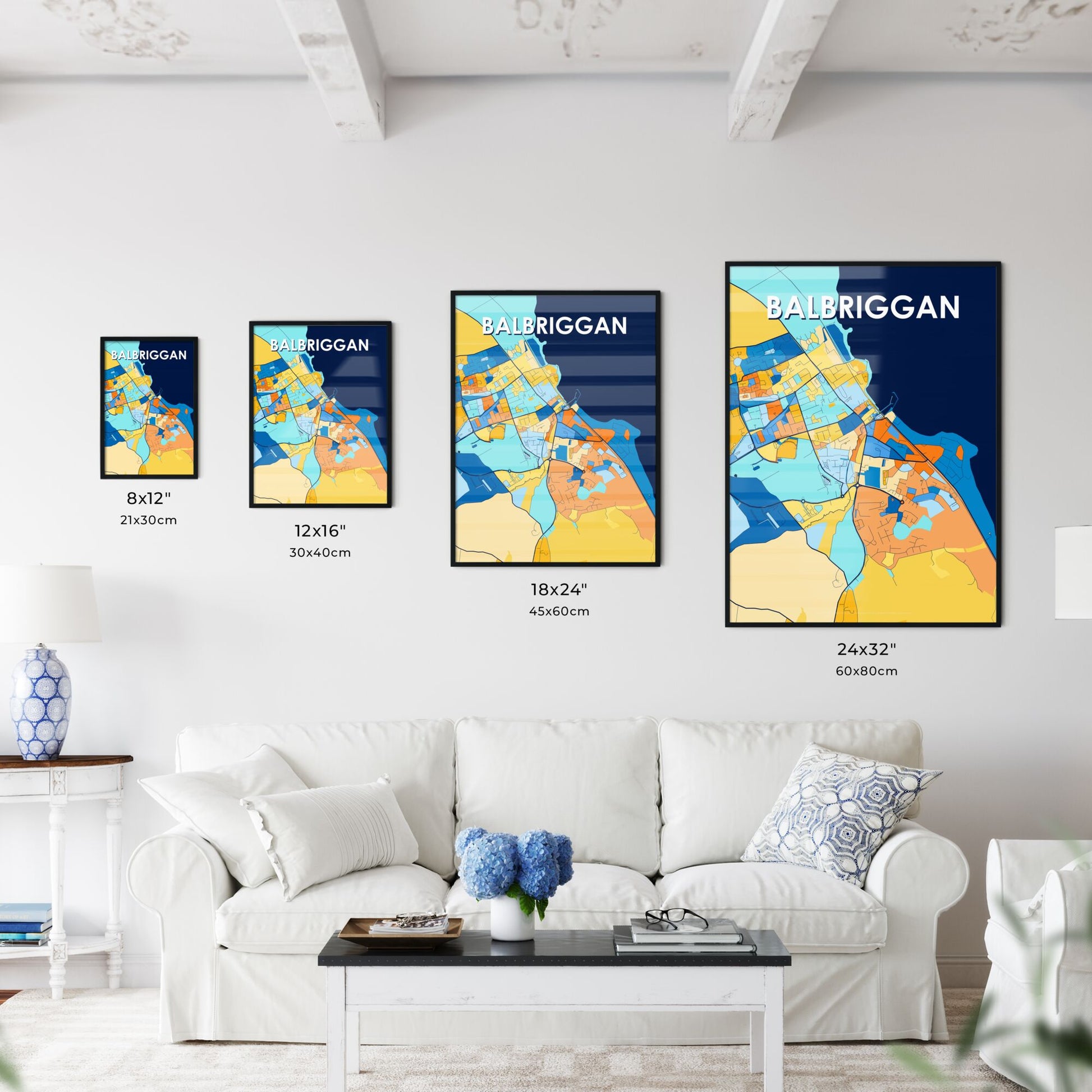 BALBRIGGAN IRELAND Vibrant Colorful Art Map Poster Blue Orange