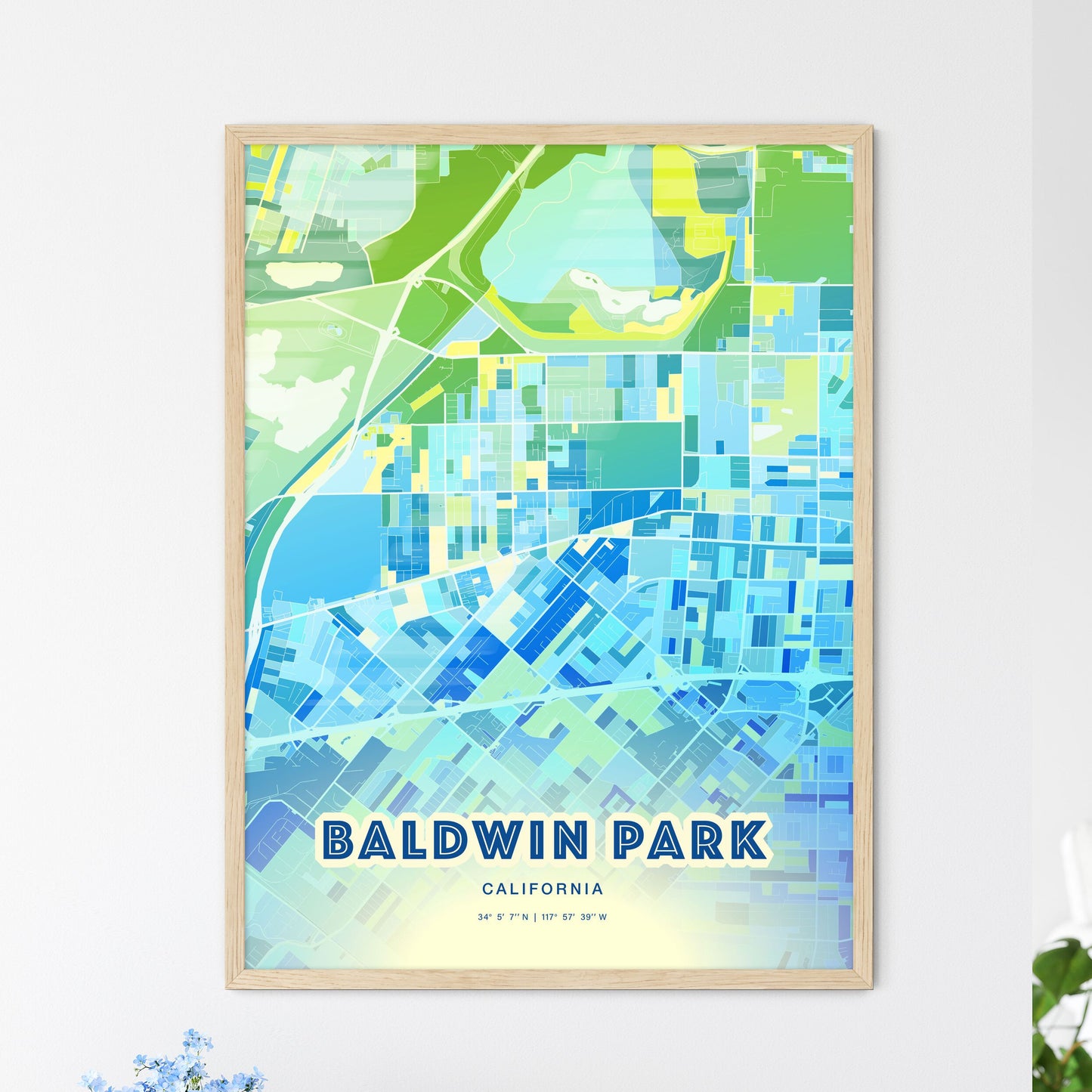 Colorful Baldwin Park California Fine Art Map Cool Blue