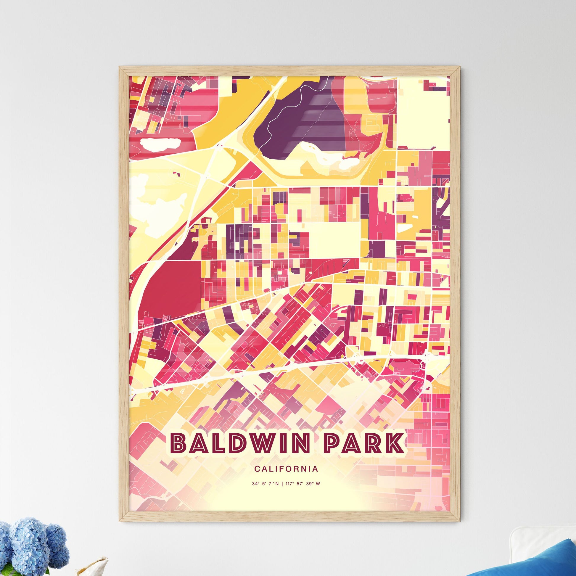 Colorful Baldwin Park California Fine Art Map Hot Red