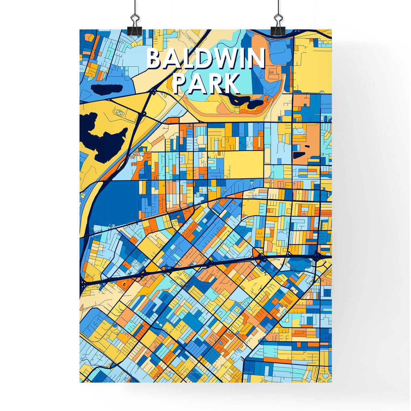 BALDWIN PARK CALIFORNIA Vibrant Colorful Art Map Poster Blue Orange