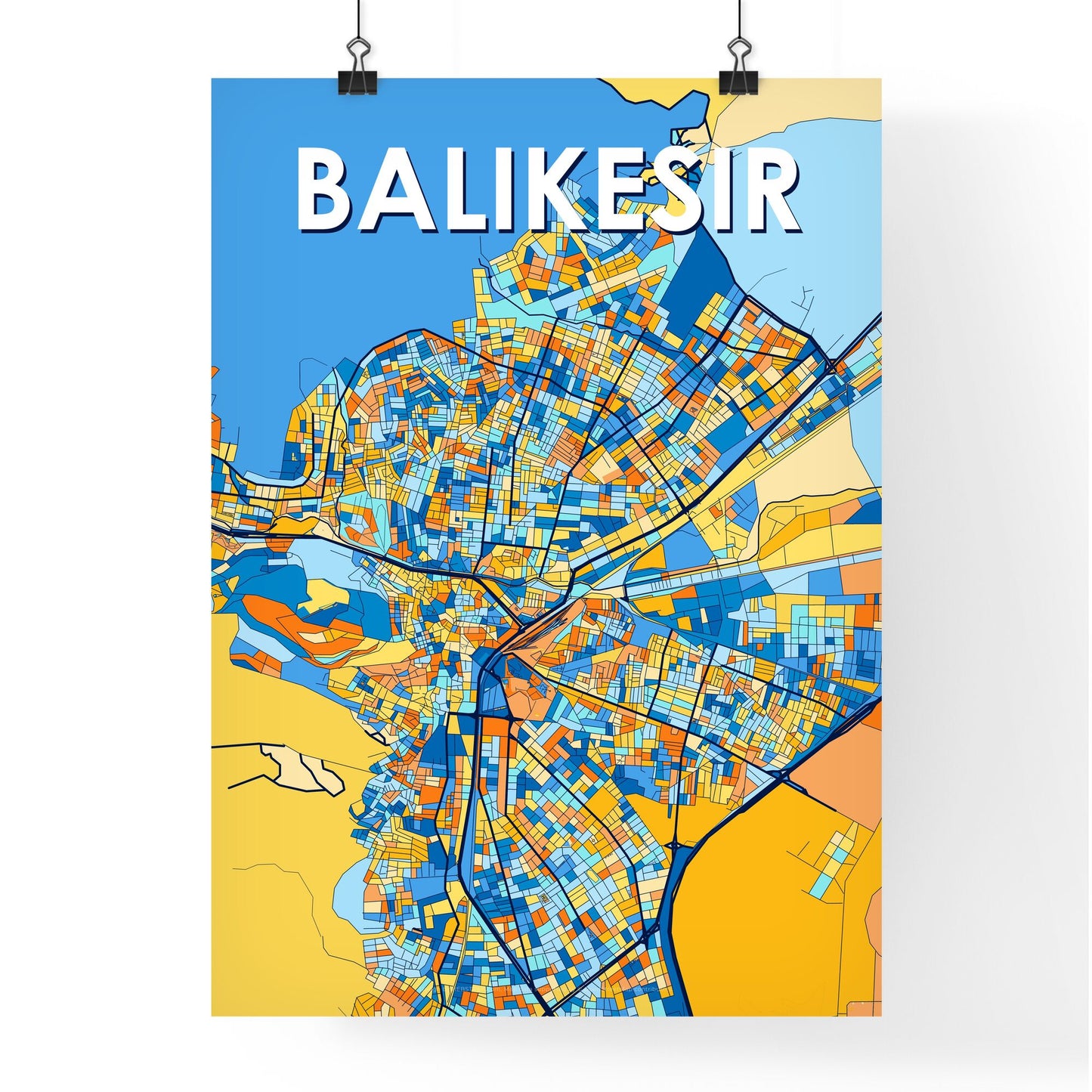 BALIKESIR TURKEY Vibrant Colorful Art Map Poster Blue Orange