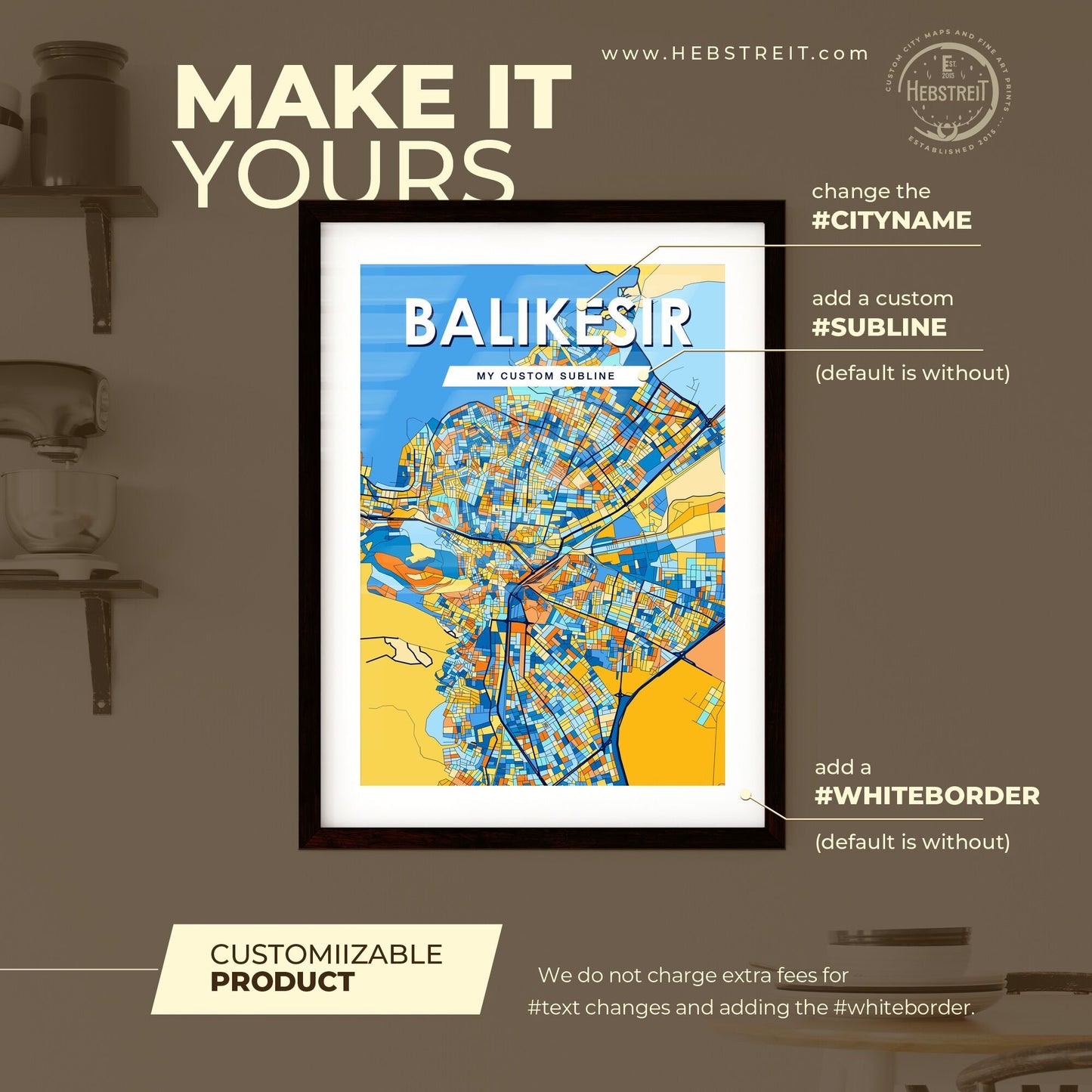 BALIKESIR TURKEY Vibrant Colorful Art Map Poster Blue Orange