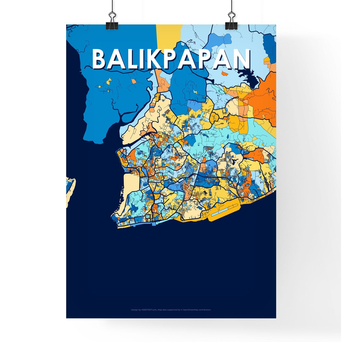 BALIKPAPAN INDONESIA Vibrant Colorful Art Map Poster Blue Orange