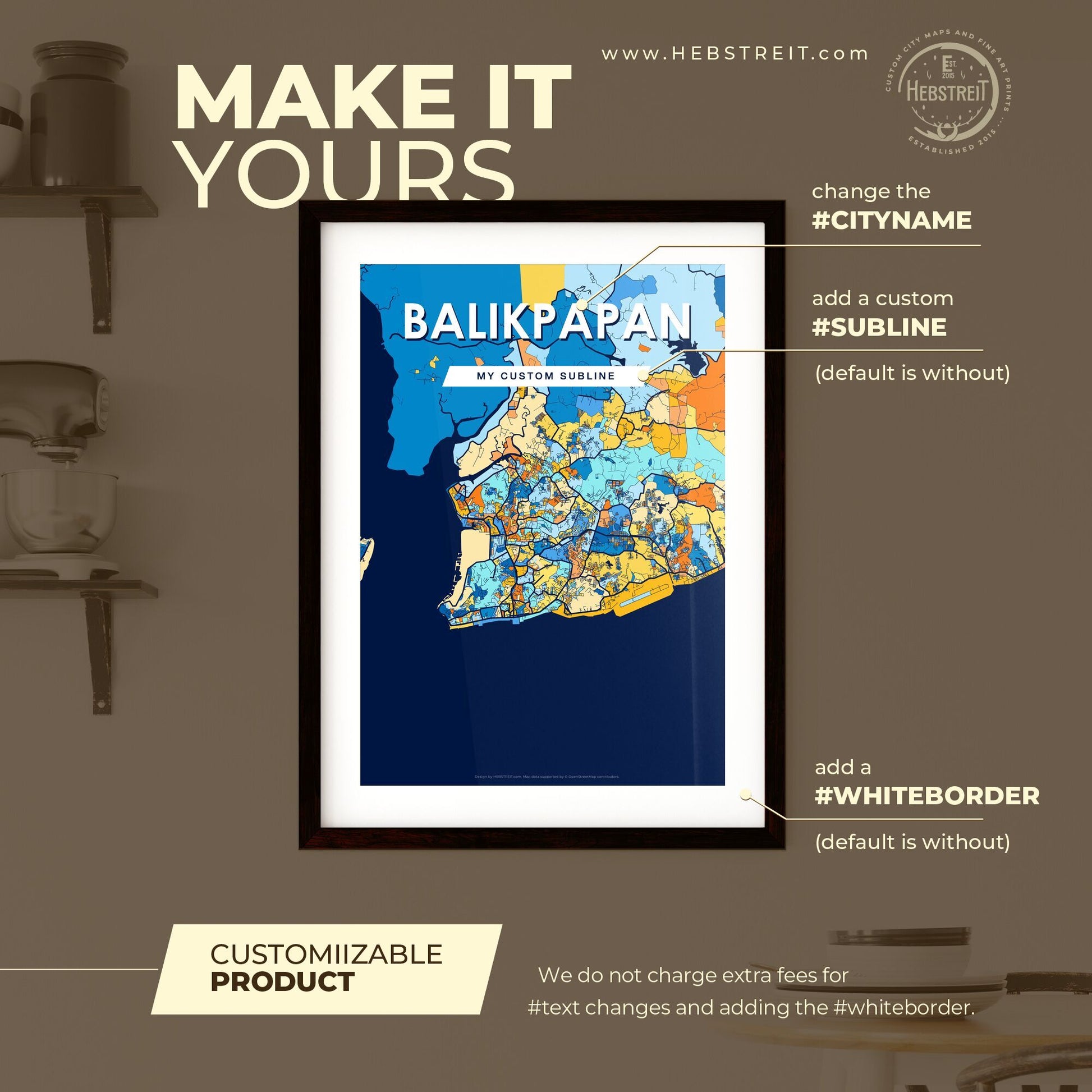 BALIKPAPAN INDONESIA Vibrant Colorful Art Map Poster Blue Orange