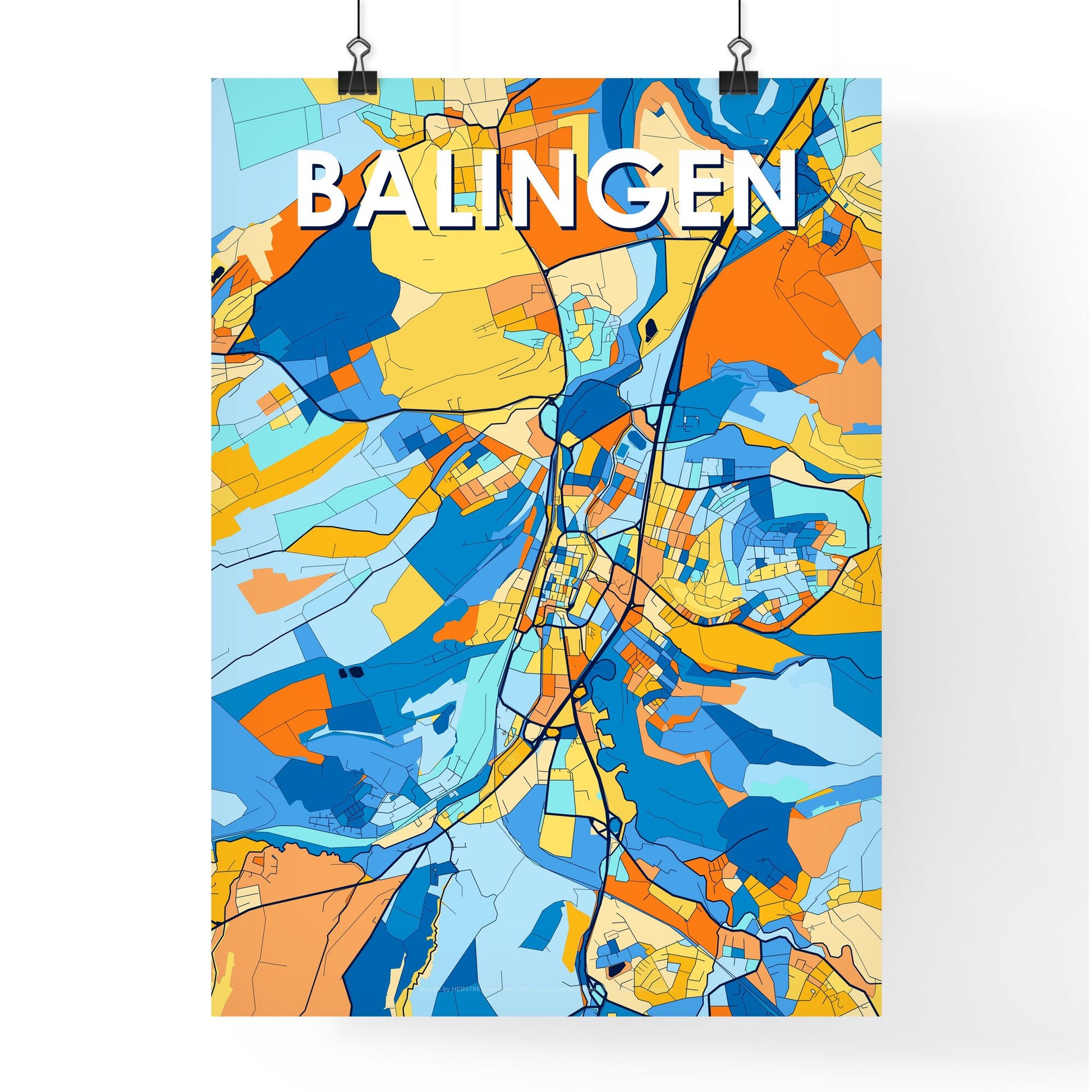 BALINGEN GERMANY Vibrant Colorful Art Map Poster Blue Orange