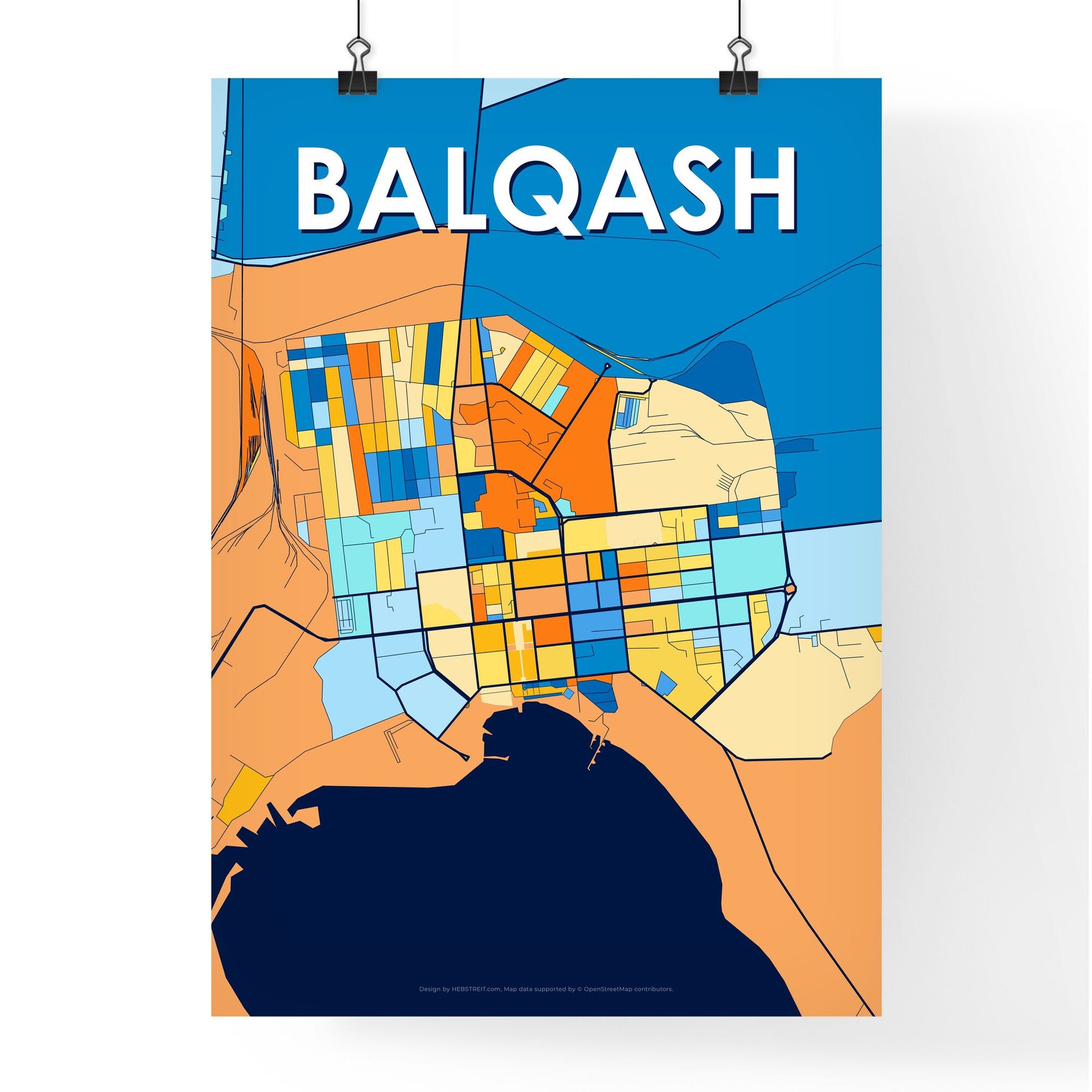 BALQASH KAZAKHSTAN Vibrant Colorful Art Map Poster Blue Orange