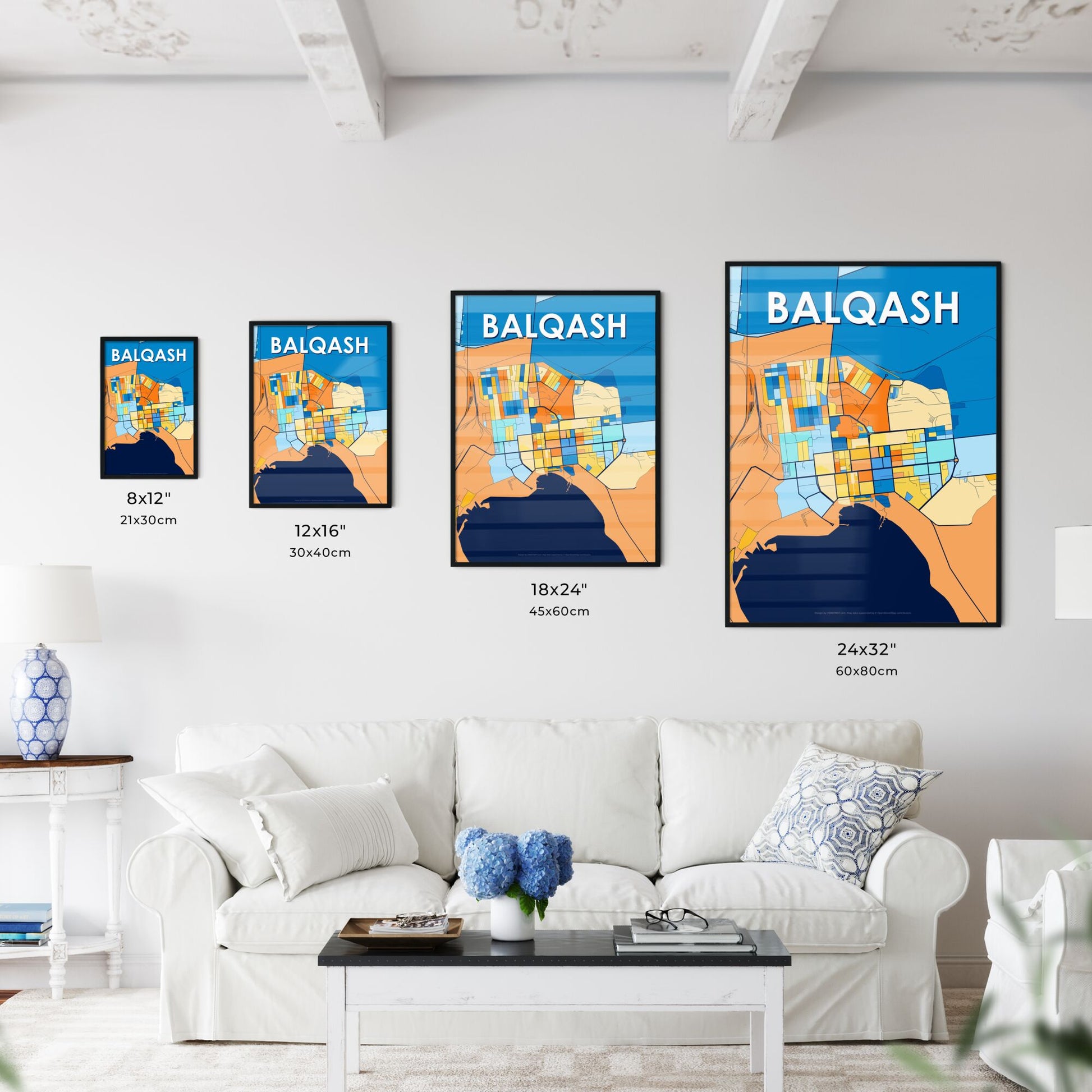 BALQASH KAZAKHSTAN Vibrant Colorful Art Map Poster Blue Orange