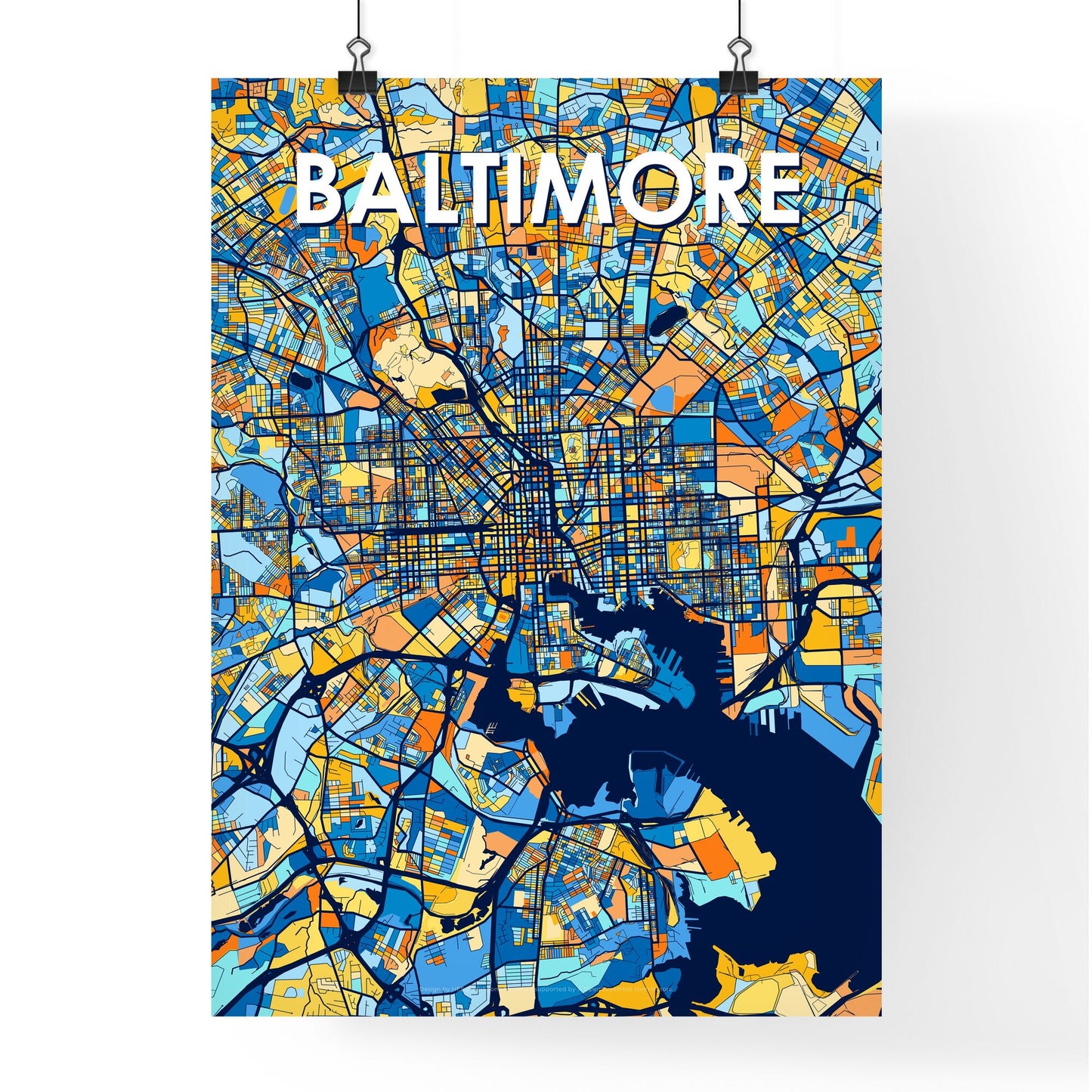 BALTIMORE MARYLAND Vibrant Colorful Art Map Poster Blue Orange