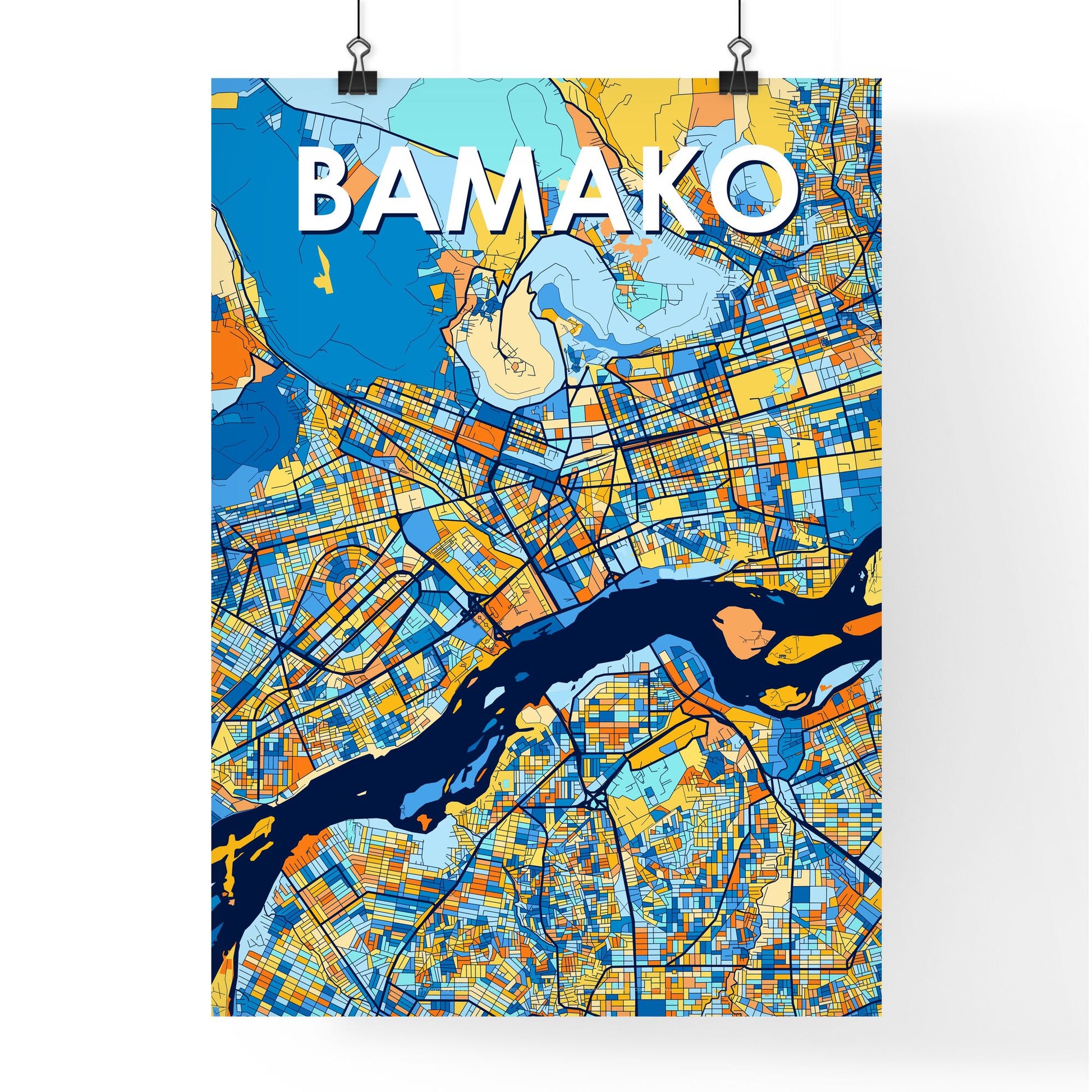 BAMAKO MALI Vibrant Colorful Art Map Poster Blue Orange