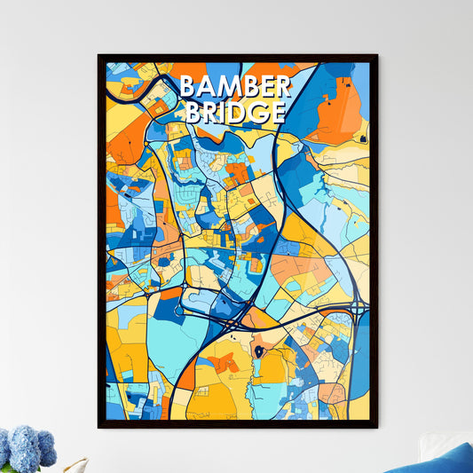 BAMBER BRIDGE ENGLAND Vibrant Colorful Art Map Poster Blue Orange