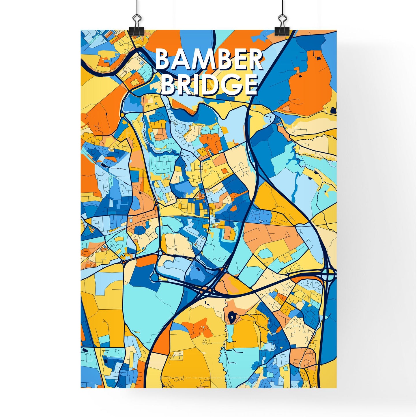 BAMBER BRIDGE ENGLAND Vibrant Colorful Art Map Poster Blue Orange