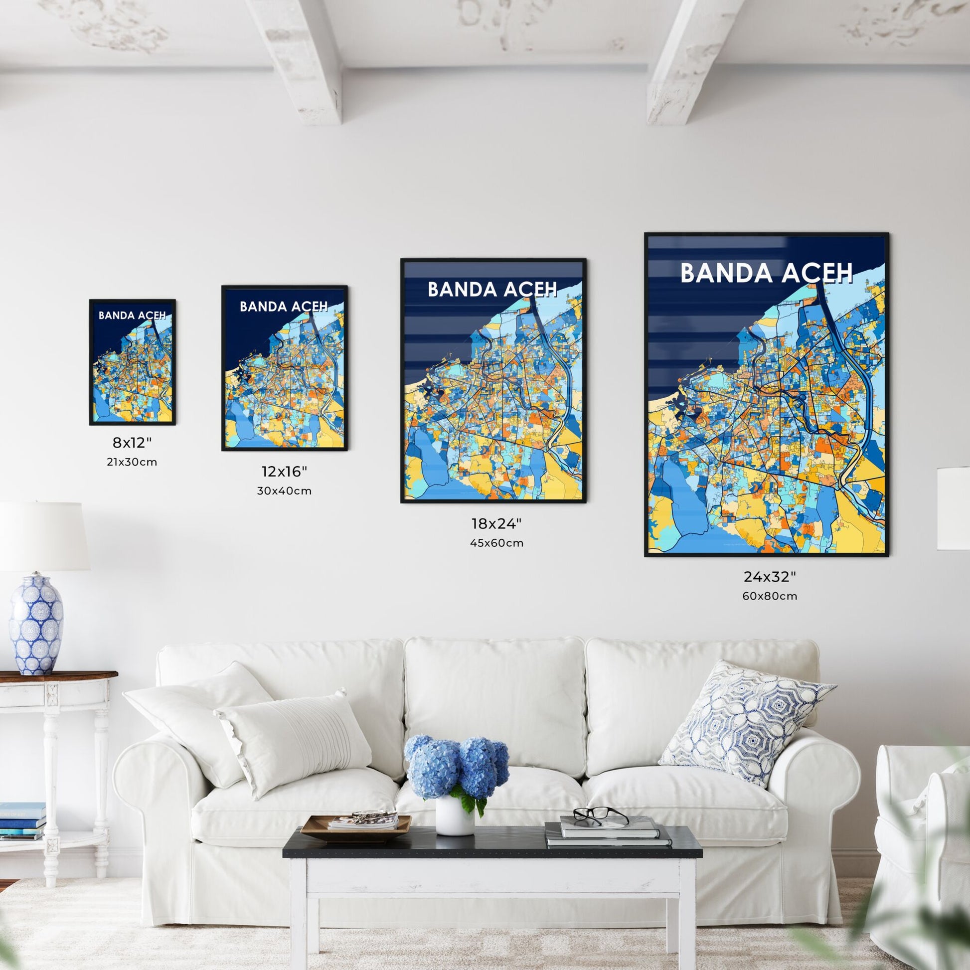 BANDA ACEH INDONESIA Vibrant Colorful Art Map Poster Blue Orange