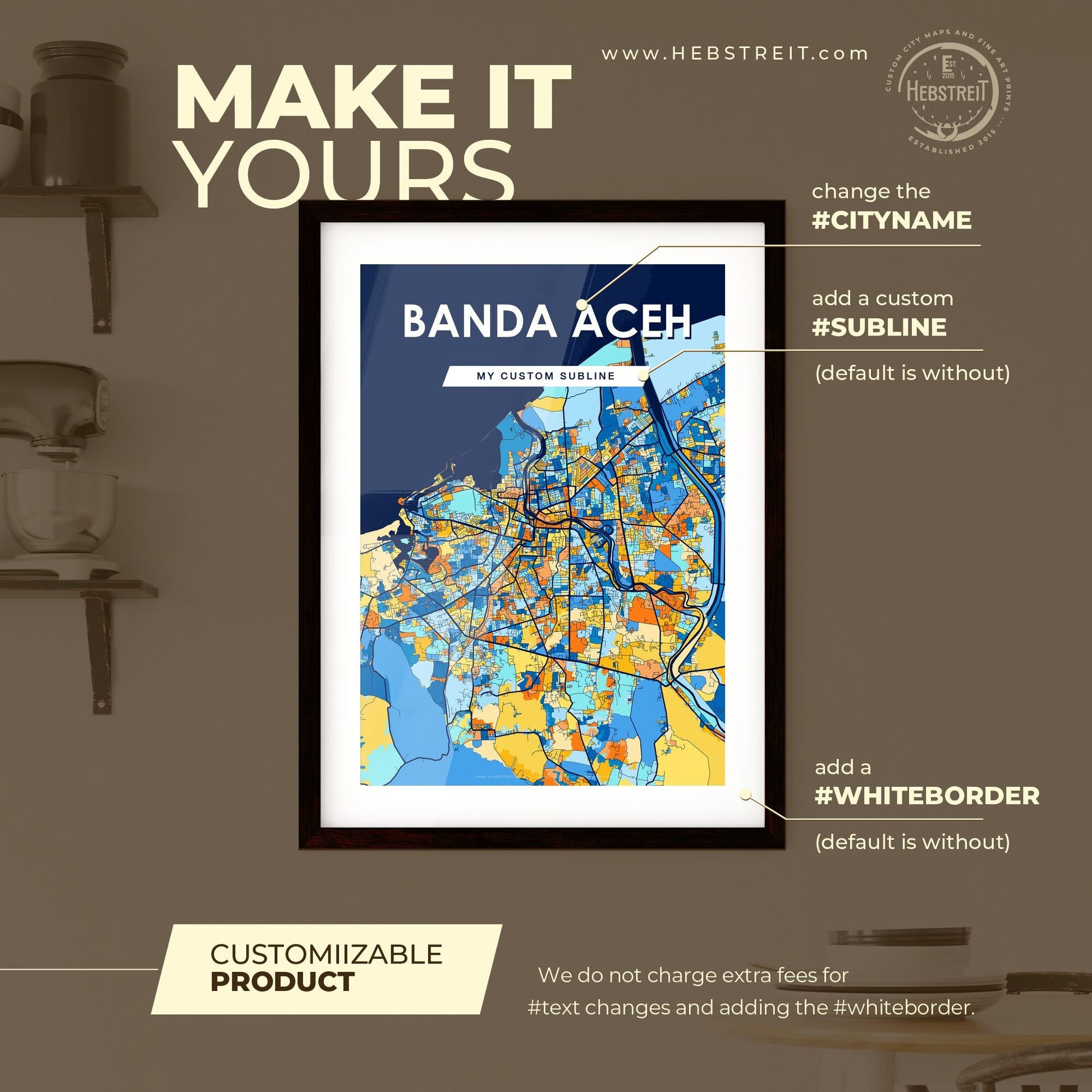 BANDA ACEH INDONESIA Vibrant Colorful Art Map Poster Blue Orange