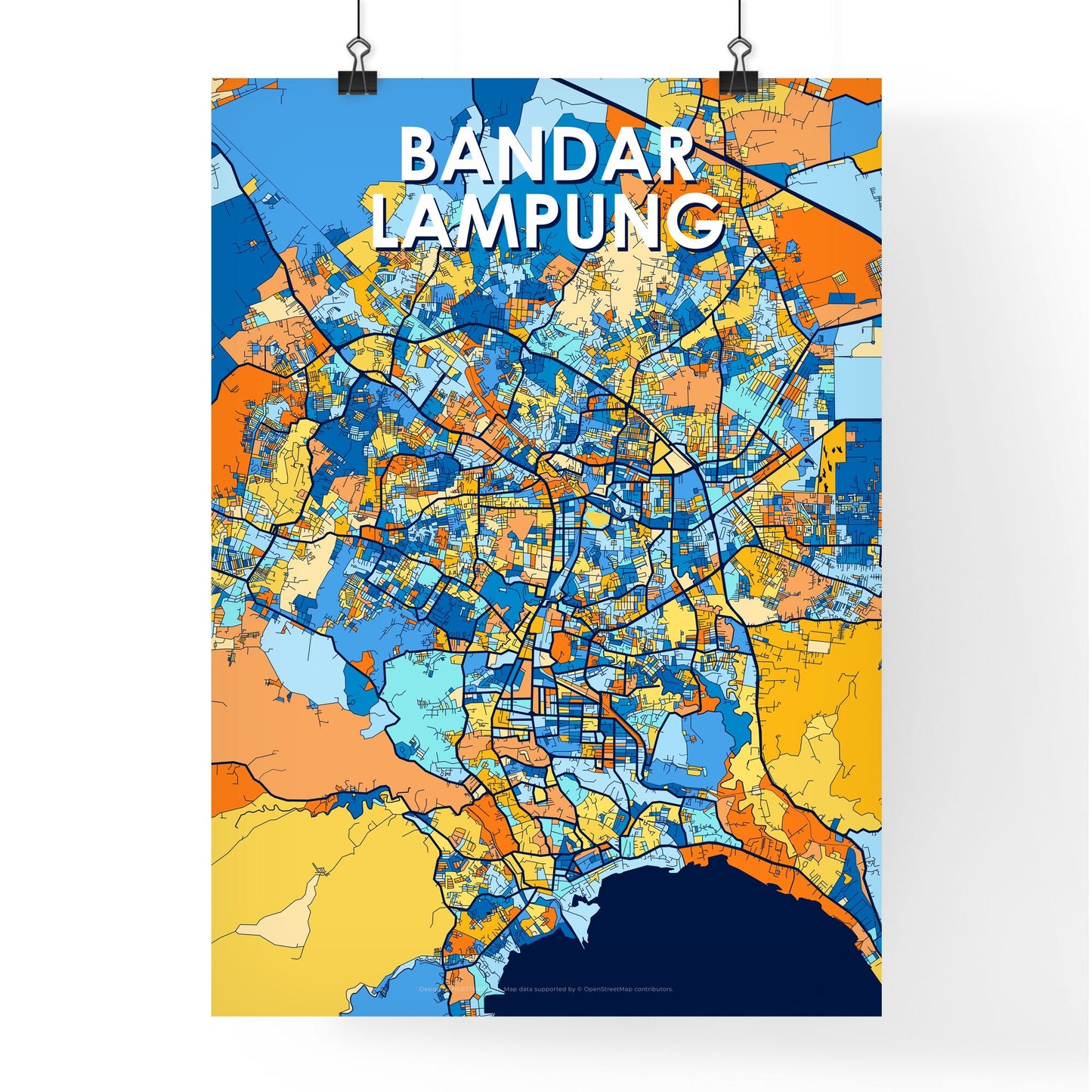 BANDAR LAMPUNG INDONESIA Vibrant Colorful Art Map Poster Blue Orange