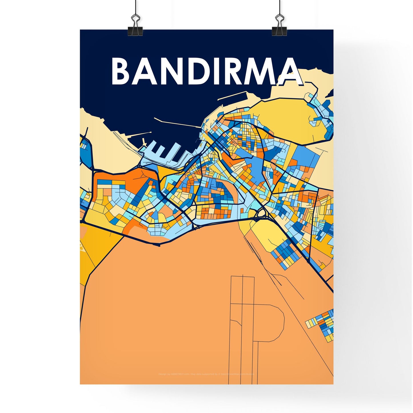 BANDIRMA TURKEY Vibrant Colorful Art Map Poster Blue Orange