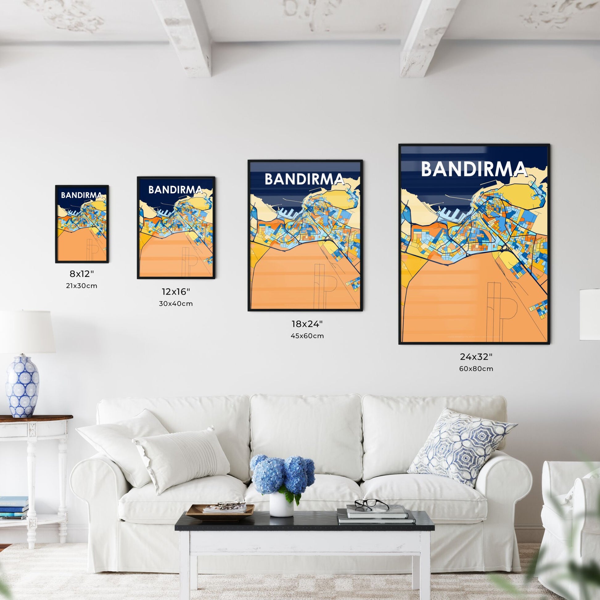 BANDIRMA TURKEY Vibrant Colorful Art Map Poster Blue Orange