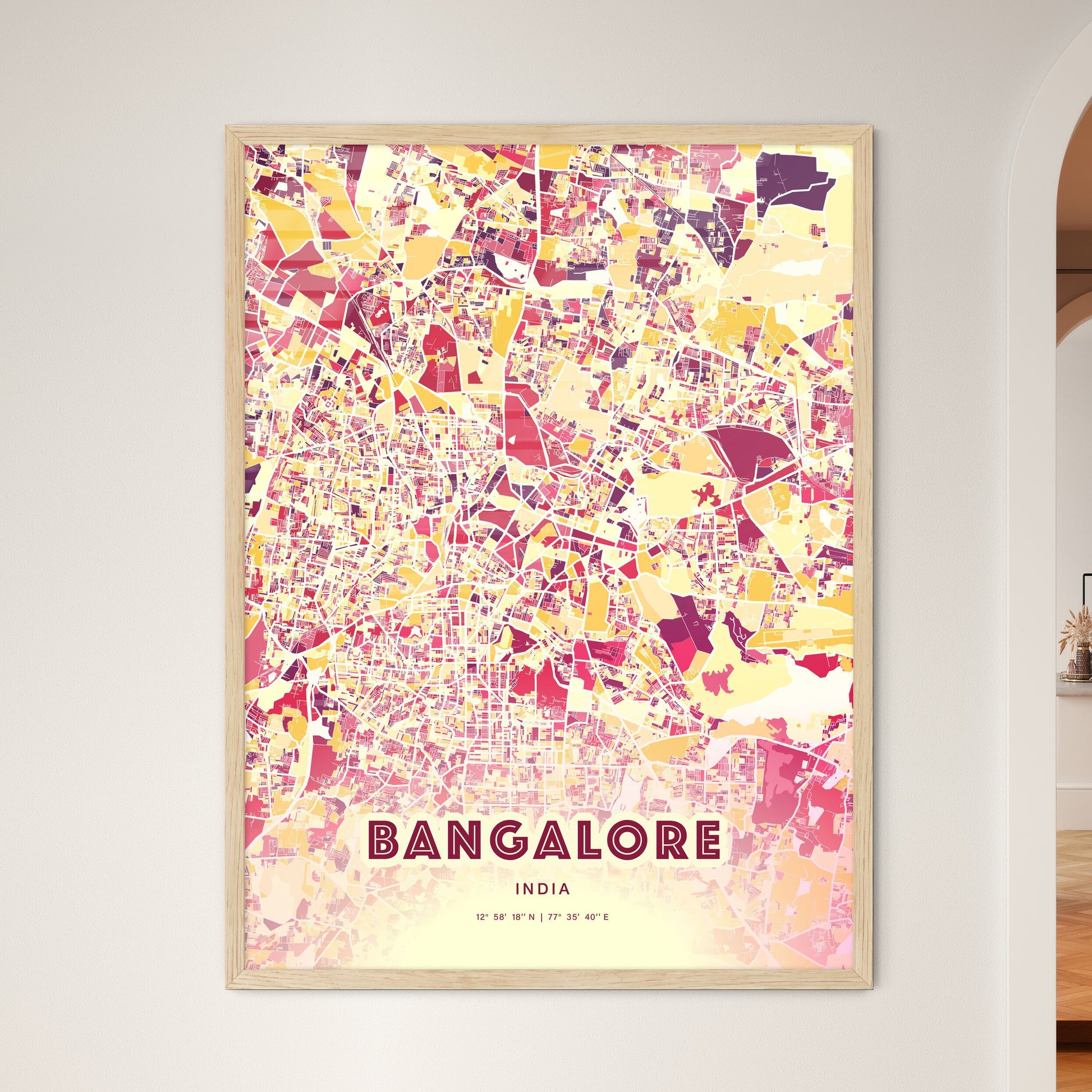 Colorful Bangalore India Fine Art Map Hot Red