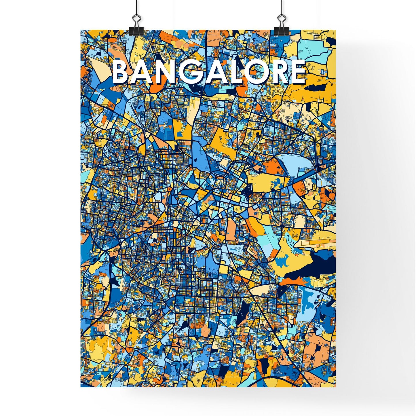 BANGALORE INDIA Vibrant Colorful Art Map Poster Blue Orange