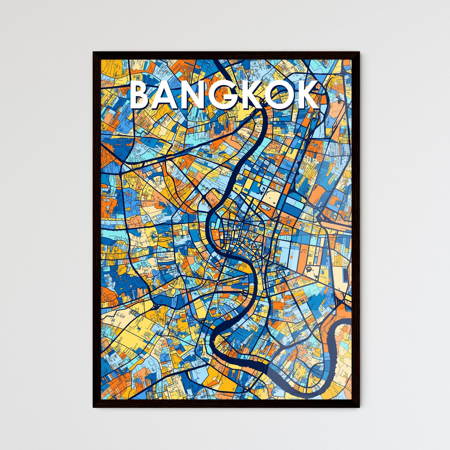 BANGKOK THAILAND Vibrant Colorful Art Map Poster Blue Orange