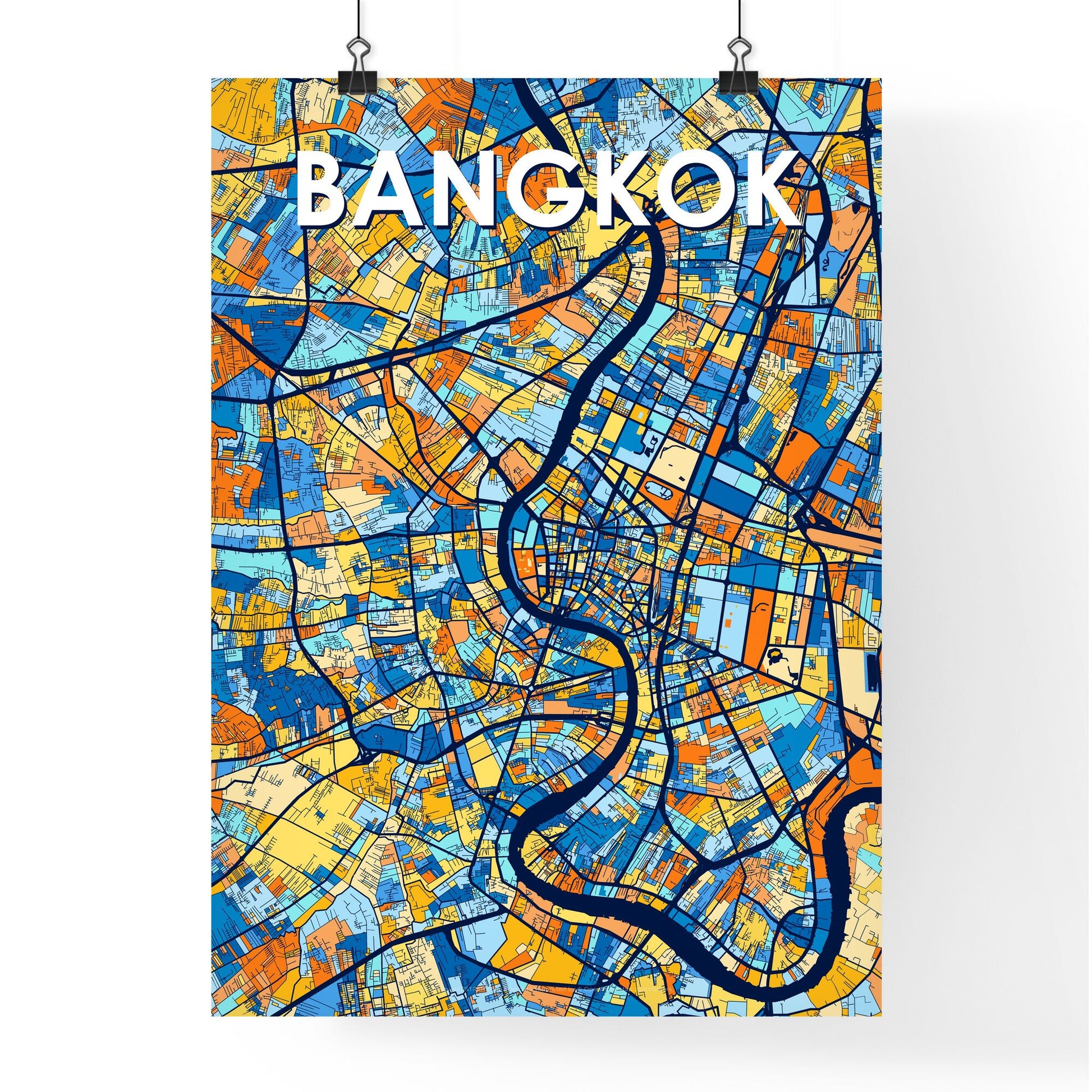 BANGKOK THAILAND Vibrant Colorful Art Map Poster Blue Orange