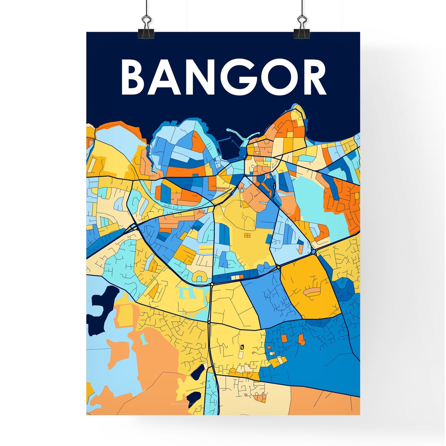 BANGOR NORTHERN IRELAND Vibrant Colorful Art Map Poster Blue Orange