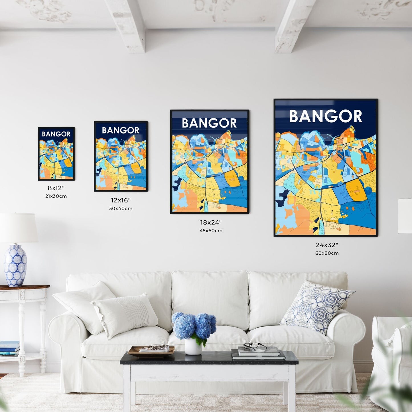 BANGOR NORTHERN IRELAND Vibrant Colorful Art Map Poster Blue Orange