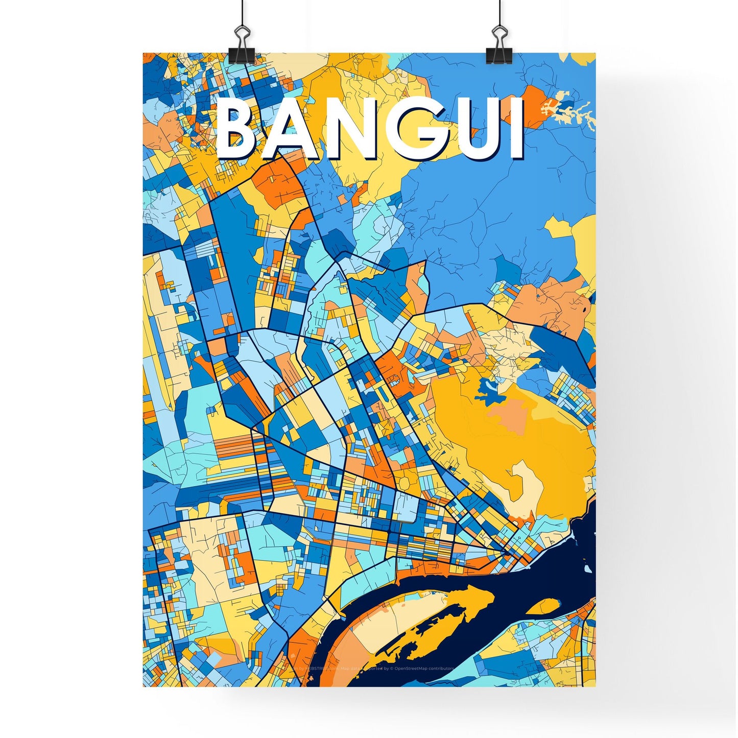 BANGUI CENTRAL AFRICAN REPUBLIC Vibrant Colorful Art Map Poster Blue Orange